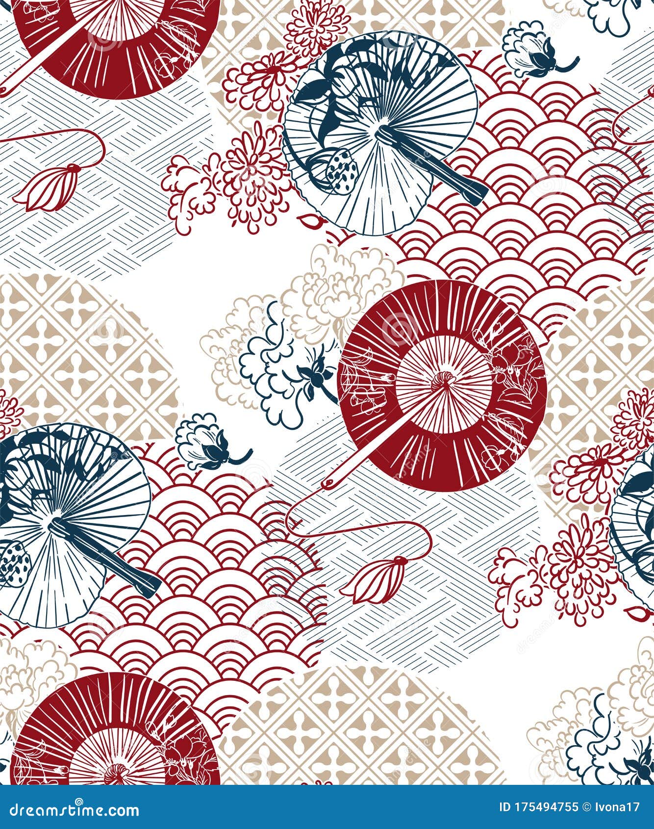Red Blue Fans Flower Japanese Chinese Vector Design Pattern Stock.