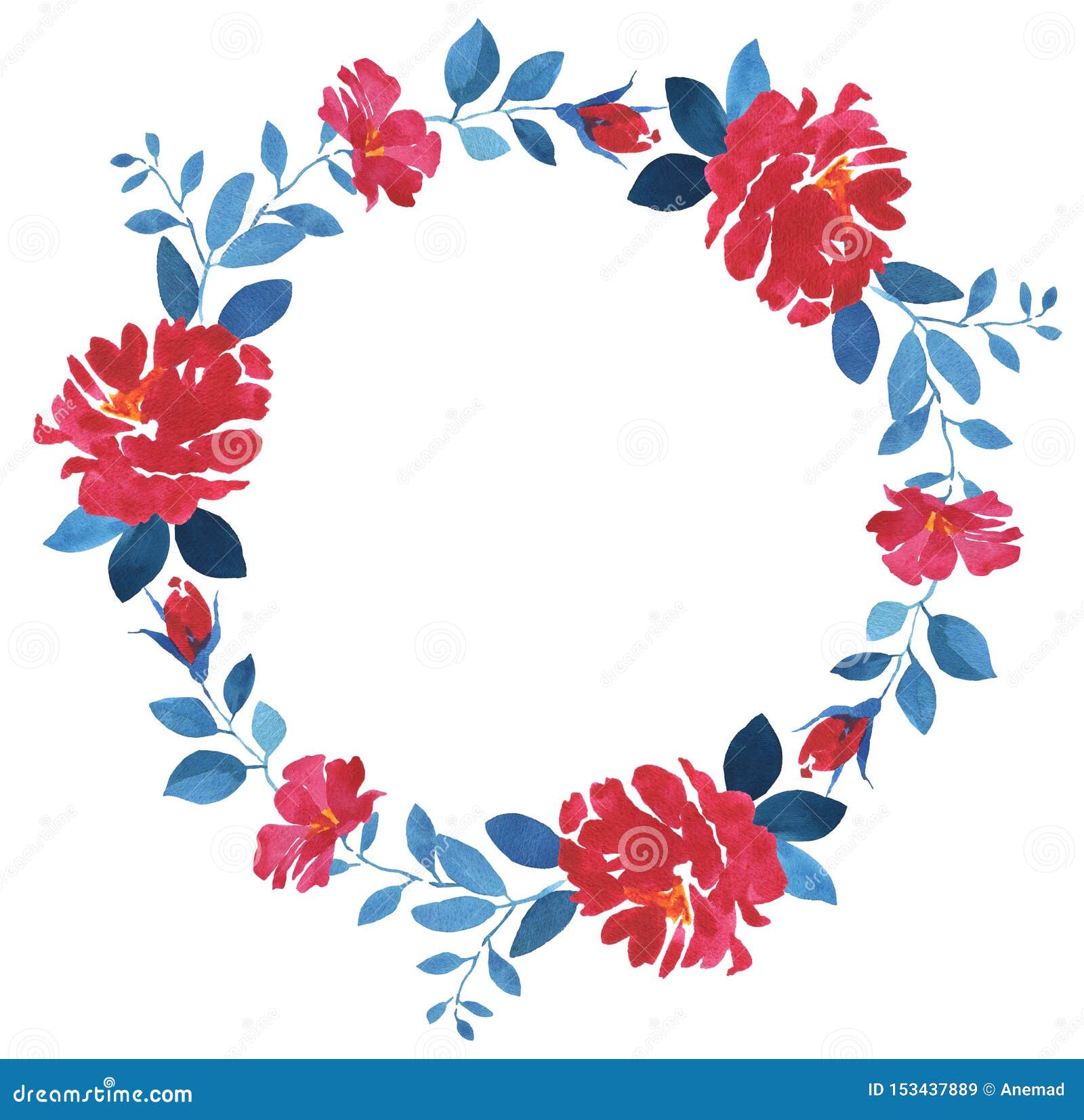 Red And Blue Watercolor Flower Wreath Stock Illustration Illustration Of Bush Botany