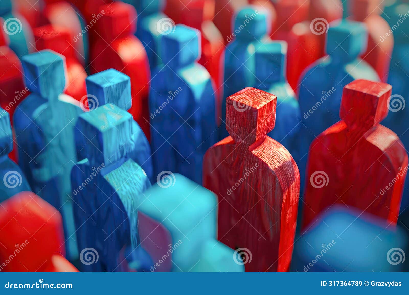 red and blue wooden figures of people.value dignity and respect for all people