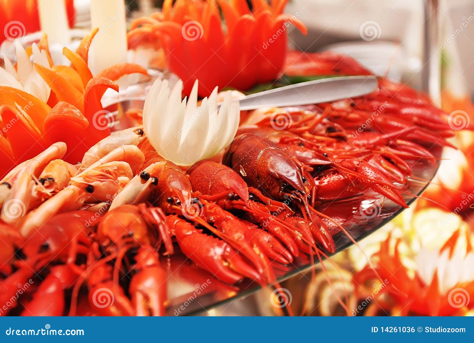 Red Boiled Lobster, Crabs and Crawfish on a Plate Stock Photo Image