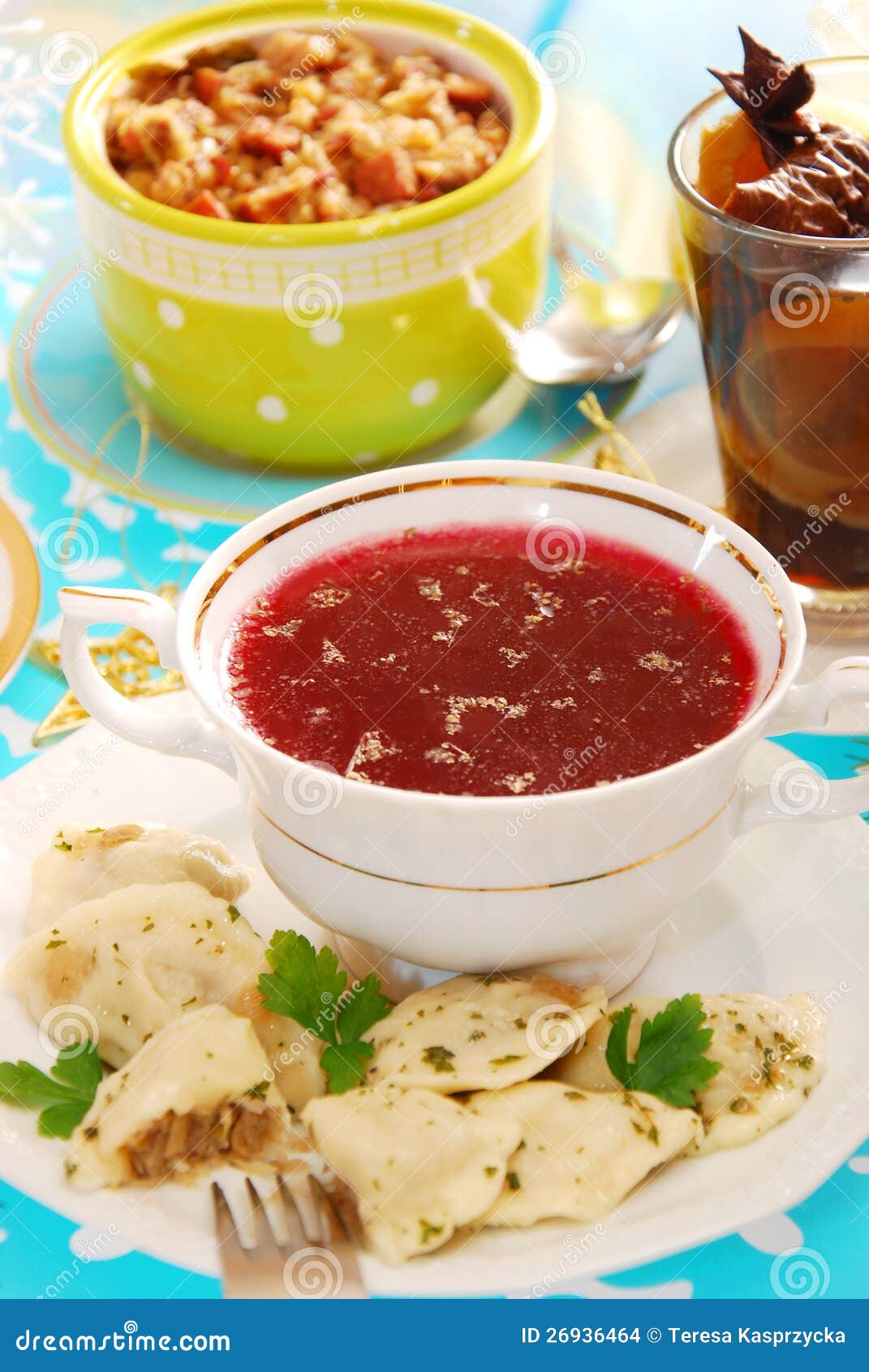 Red Borscht and Ravioli (pierogi) for Christmas Stock Photo Image of