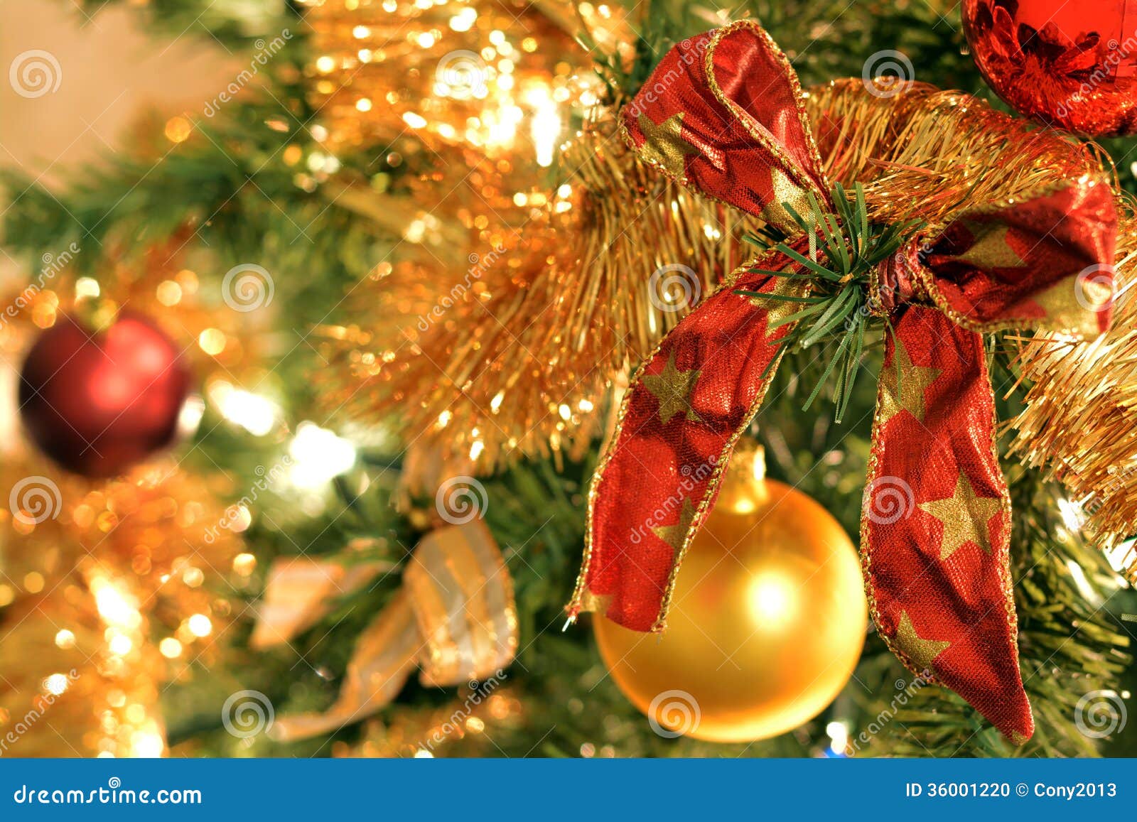 Red bow on Christmas tree stock photo. Image of bauble 36001220
