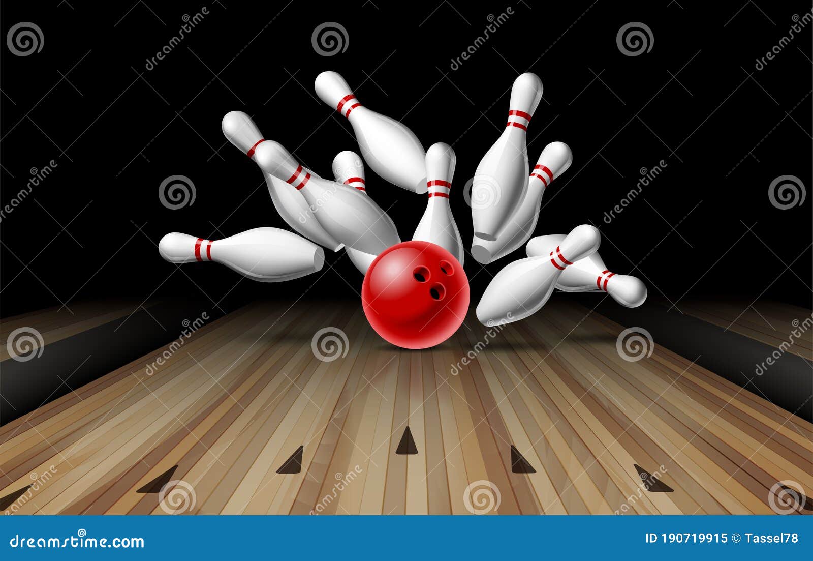 red bowling ball crashing into the pins on bowling alley line.  of bowling strike