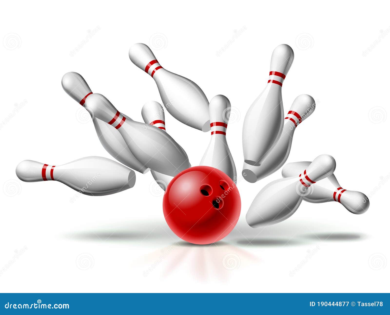 red bowling ball crashing into the pins.  of bowling strike  on white background.