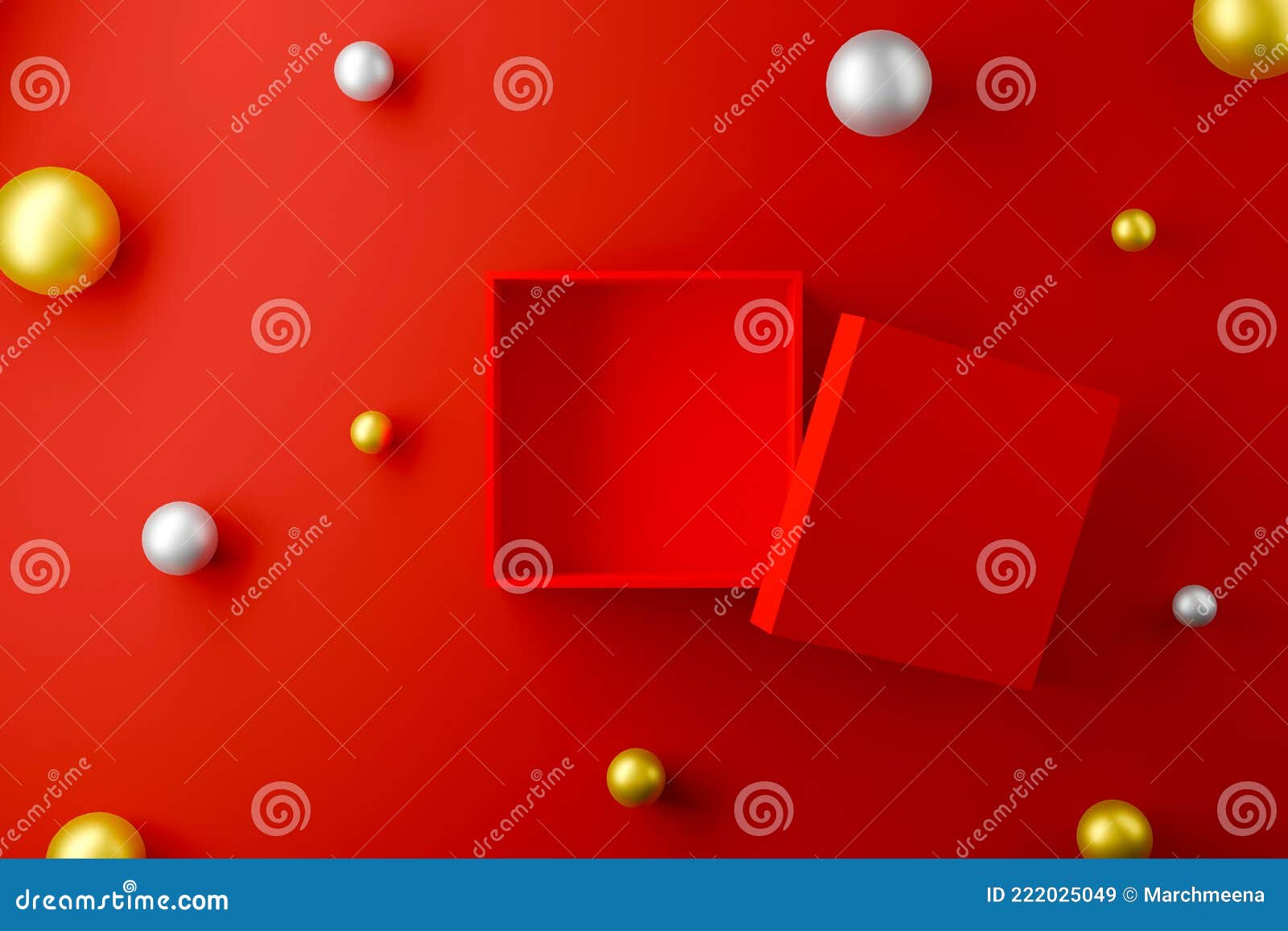 Red Box Open on Red Background with Sphere Ball Silver and Gold Color