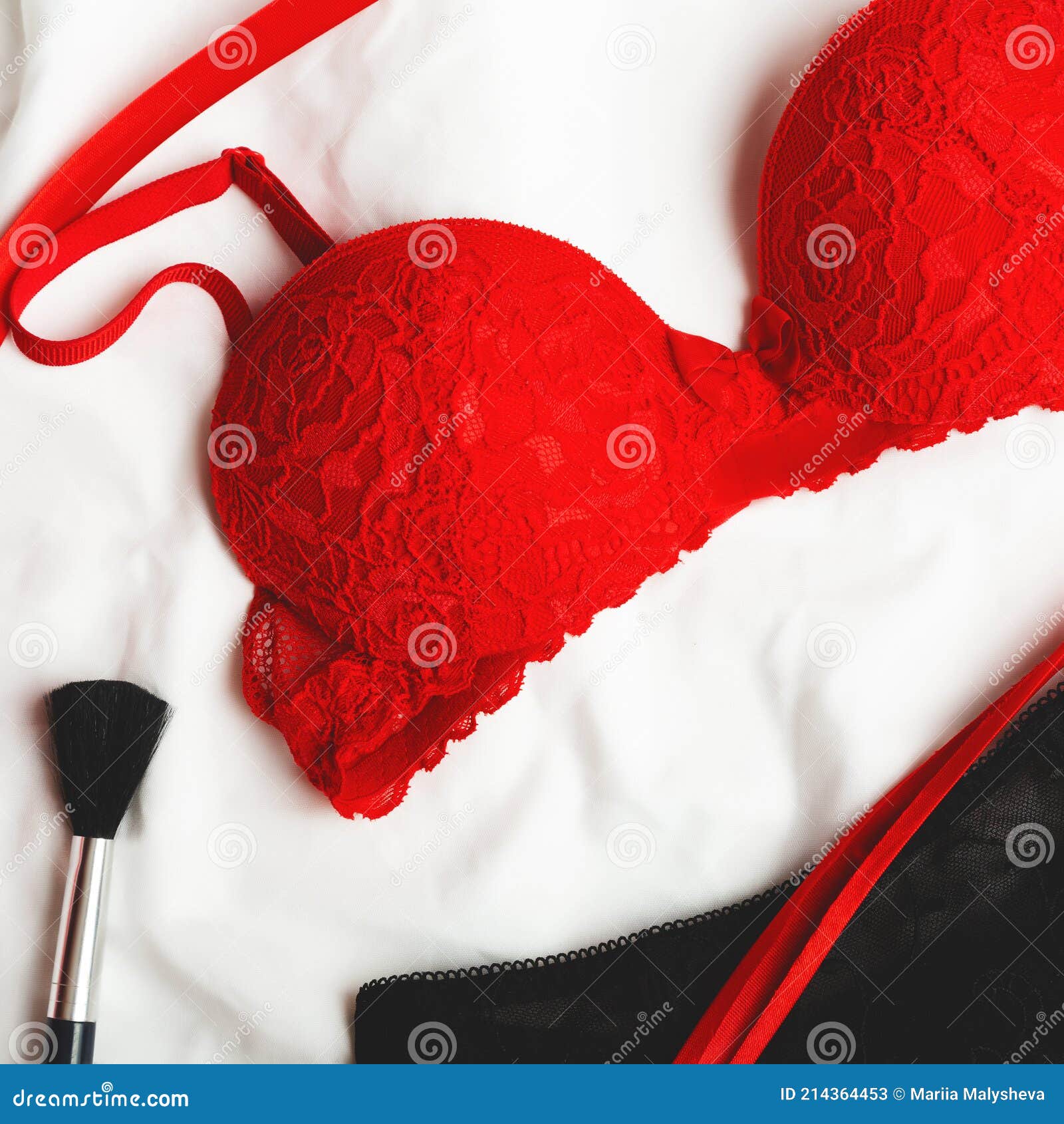 Red Bra with Black Suspenders, Garter Belt Concept of Sex. Erotic Female  Underwear on a White Bed Background. Valentine`s Day, Stock Image - Image  of passion, concept: 214364453