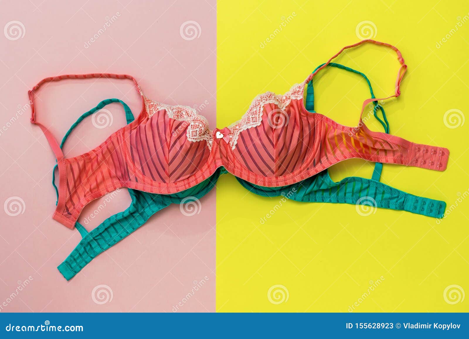 Red Bra Lying on Green on a Background of Two Colors. Flat Lay. Stock Image  - Image of accessory, accessories: 155628923