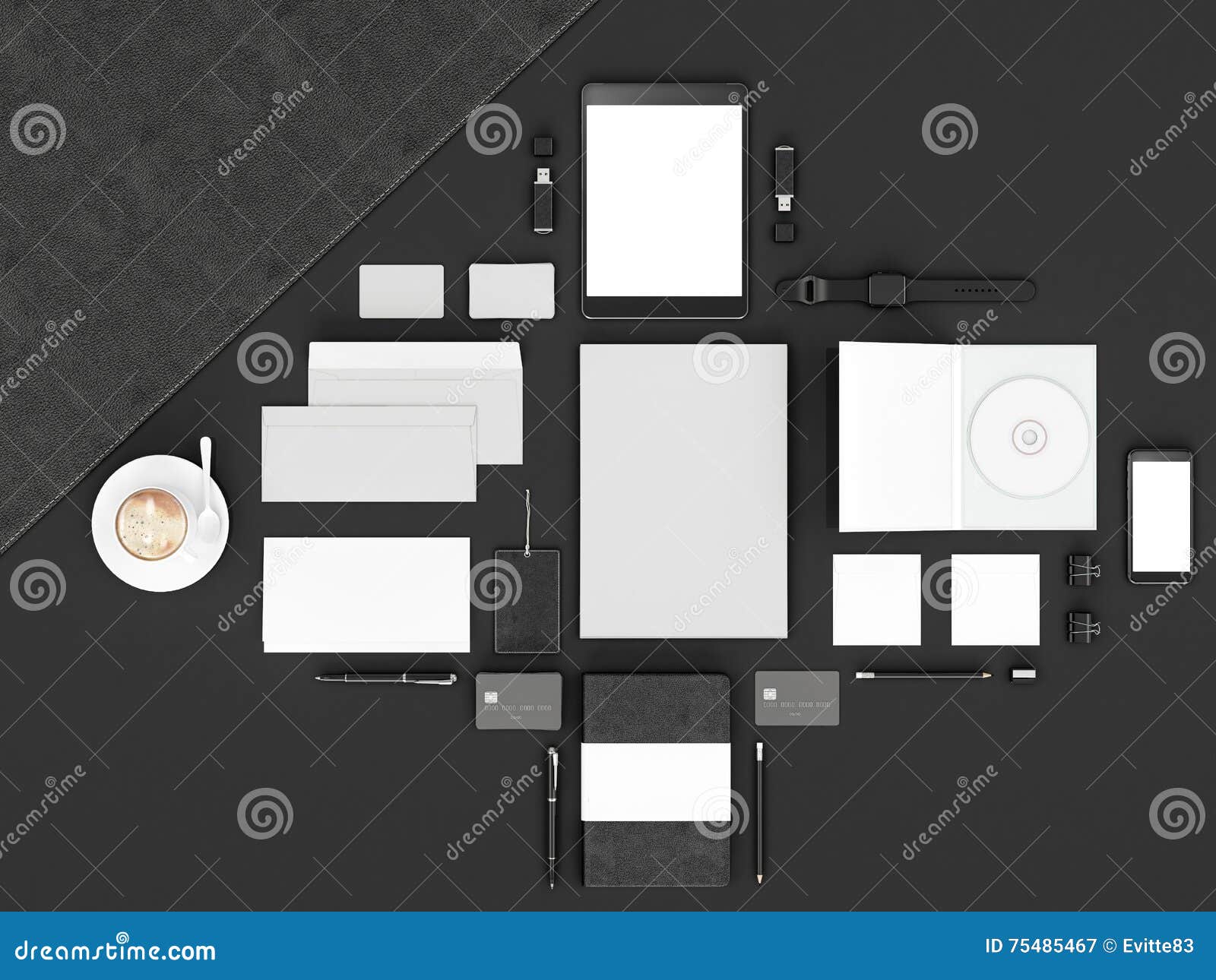 Red Branding Mockup. Template Set on Black Background. 3d Rendering. 3D