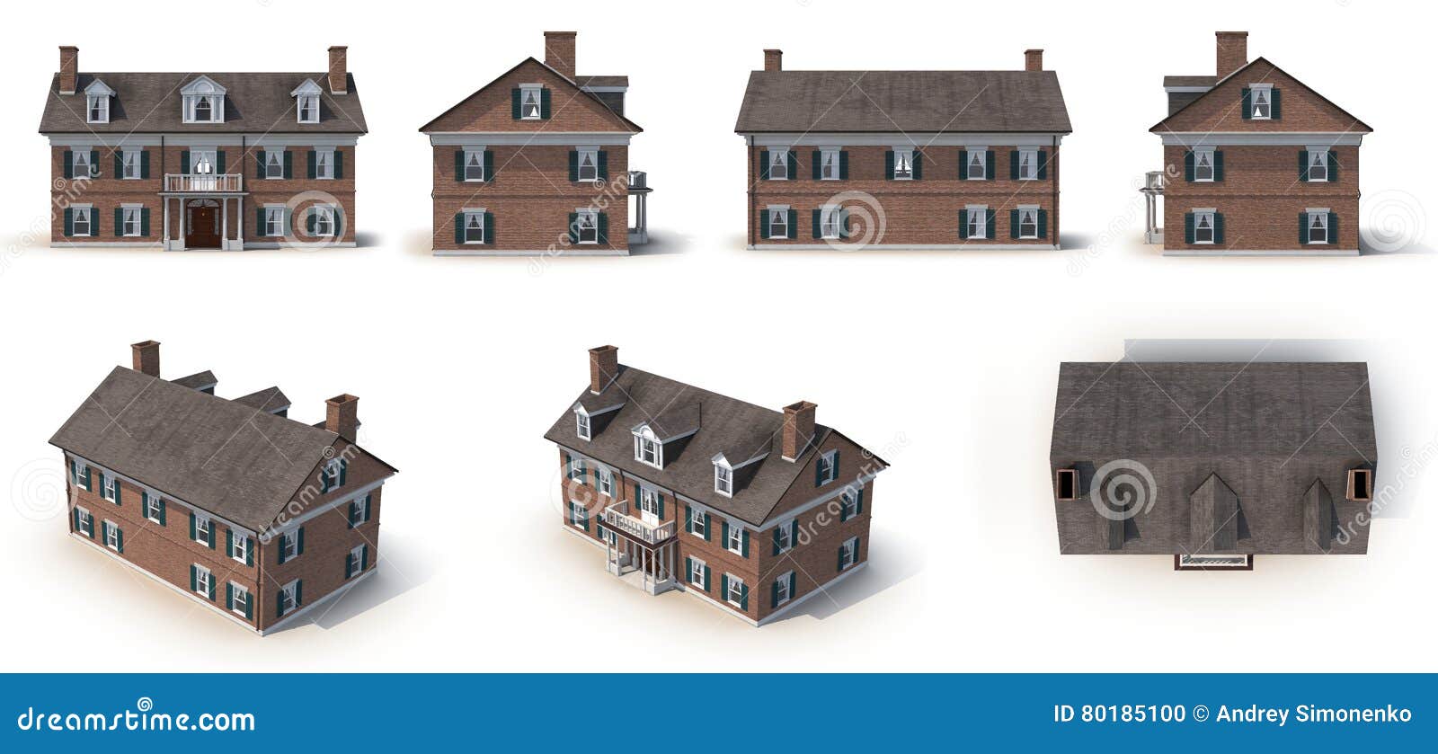 red brick colonial architecture style renders set from different angles on a white. 3d 