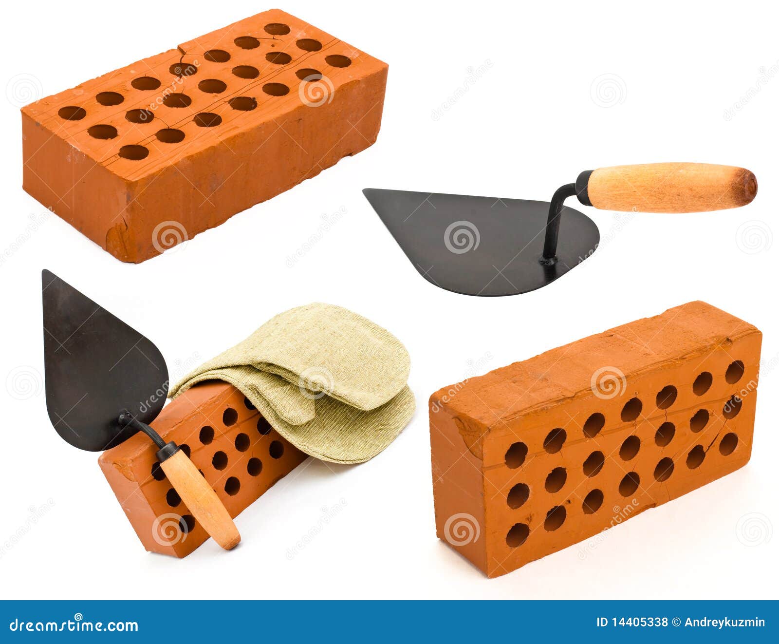 Red Brick, Trowel and Gauntlet Set Isolated Stock Photo Image of