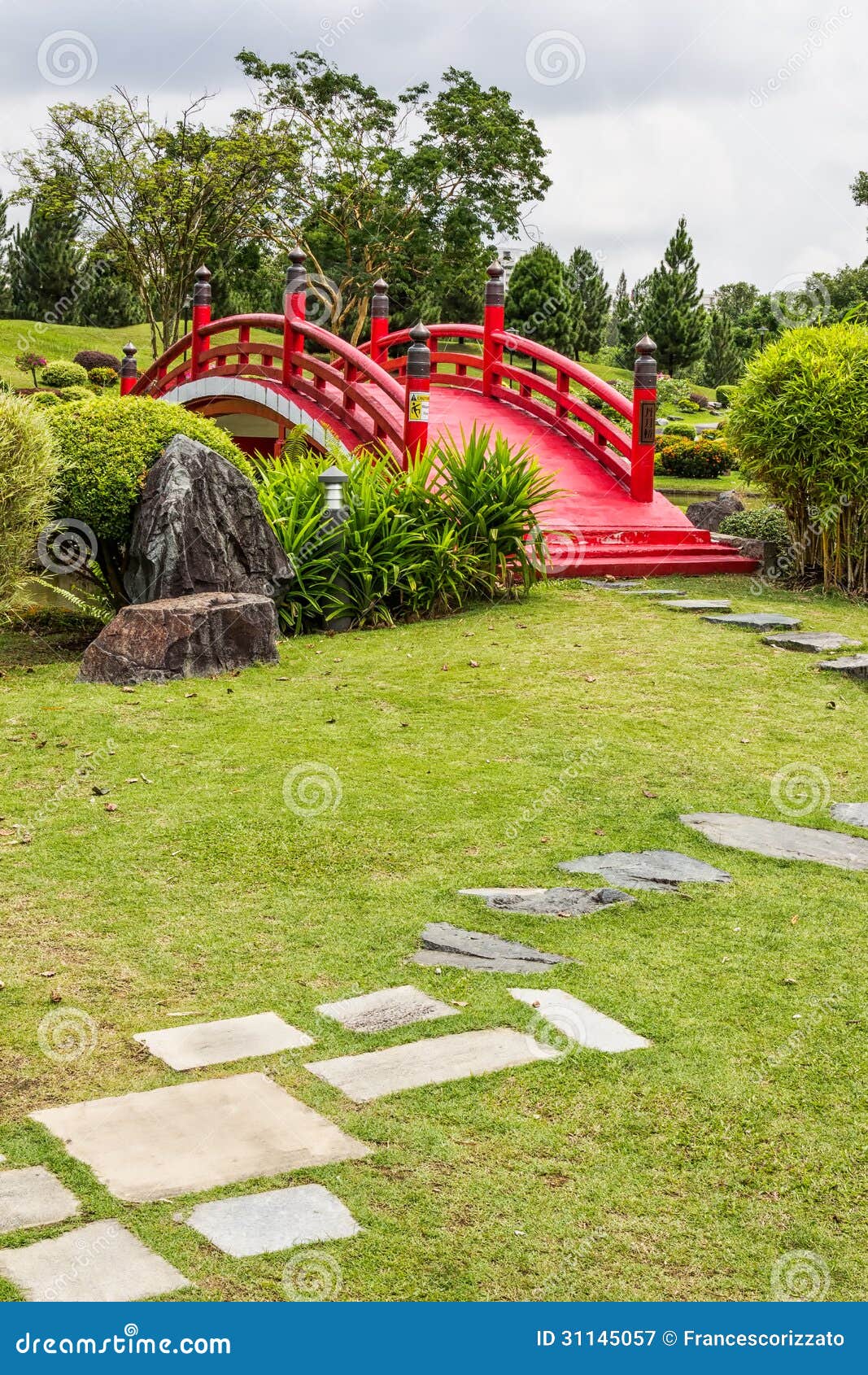 Red Bridge in a Japanese Garden Stock Image Image of ornamental