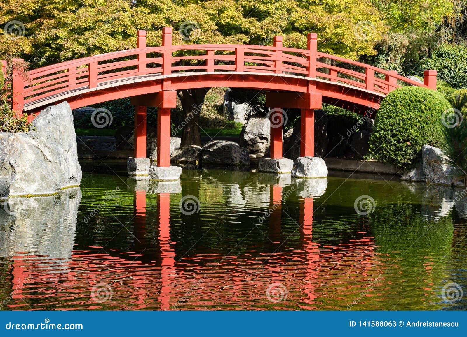 Red Bridge Over A Man Made Pond Japanese Friendship Garden San