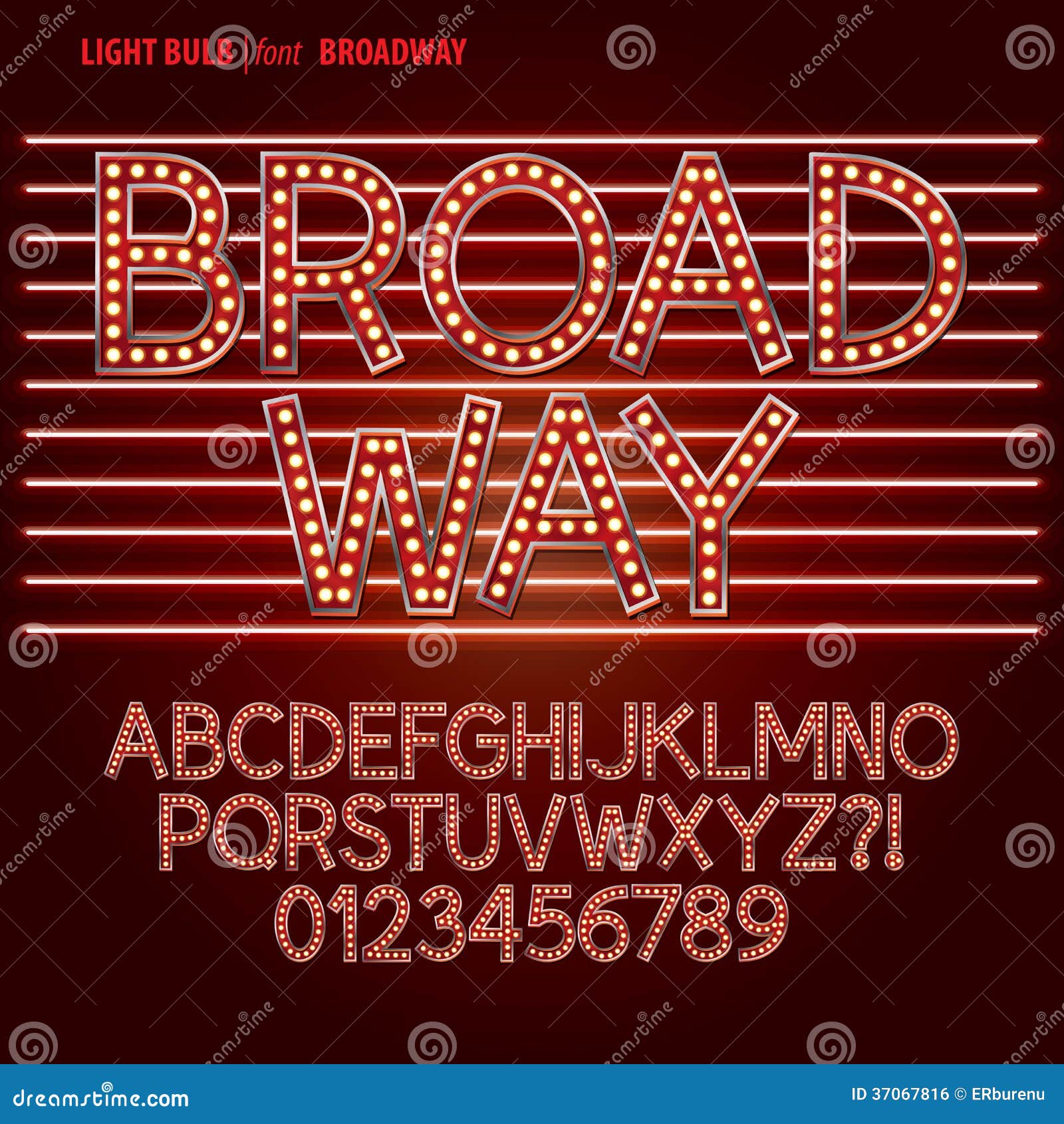 red broadway light bulb alphabet and digit 