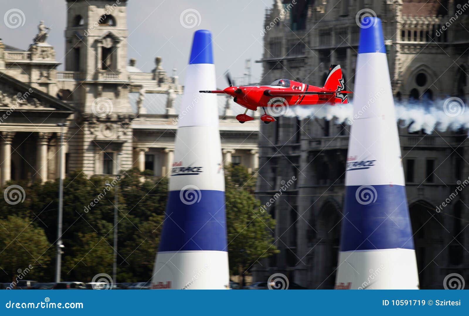 BUDAPEST - AUGUST 18: An unidentified light air craft in training for Red Bull Air Race competition August 18, 2009 in Budapest, Hungary.