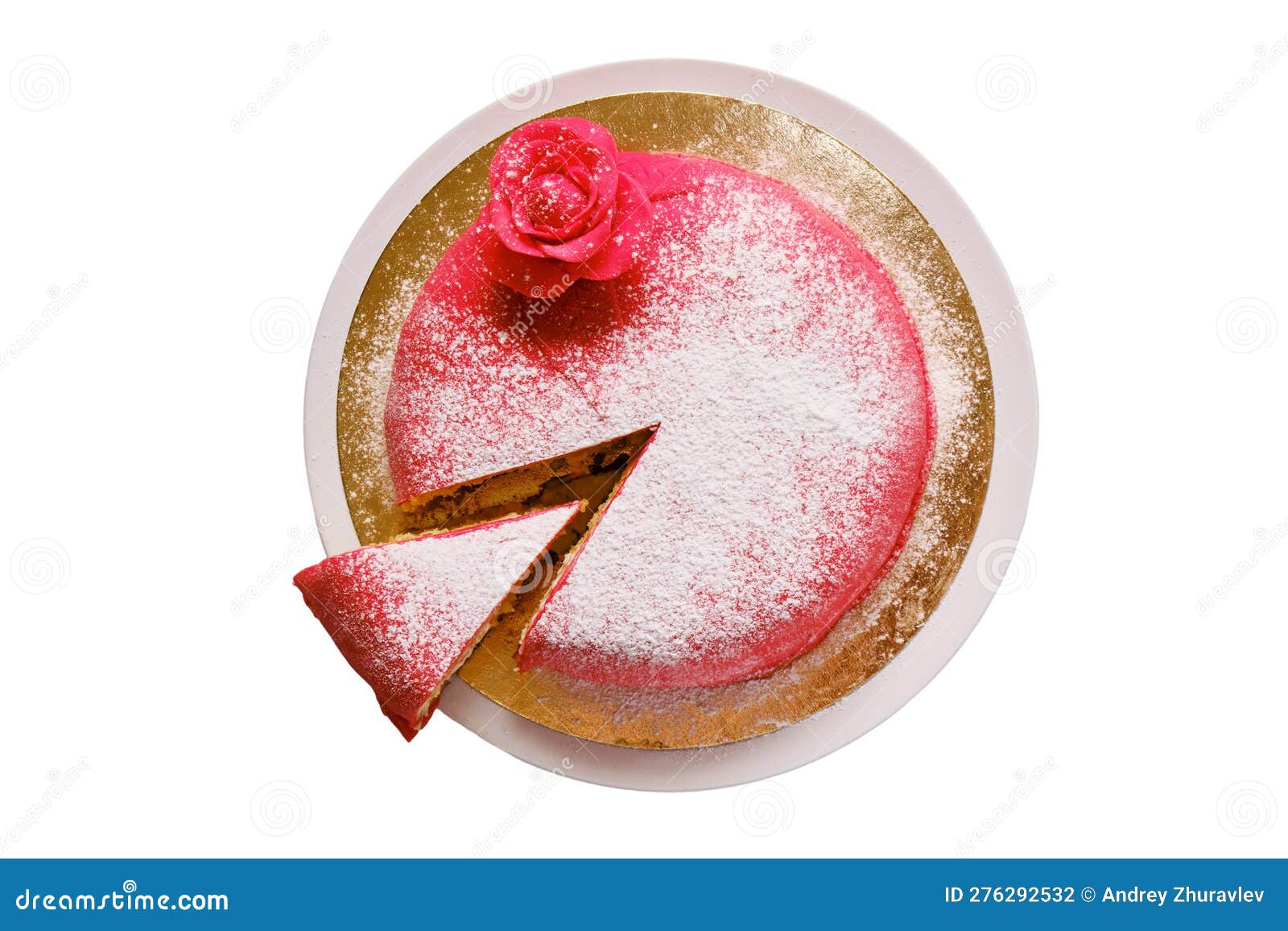 Red Cake Covered with Marzipan or Mastic with a Cut Piece, Copy Spac