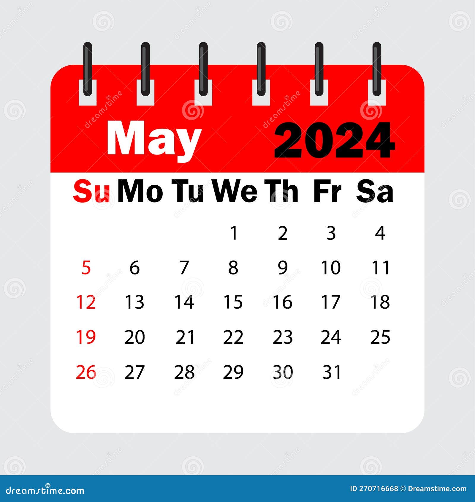 Red Calendar Leaf Spring. May 2024 Calendar. Calendar Sheet with Days