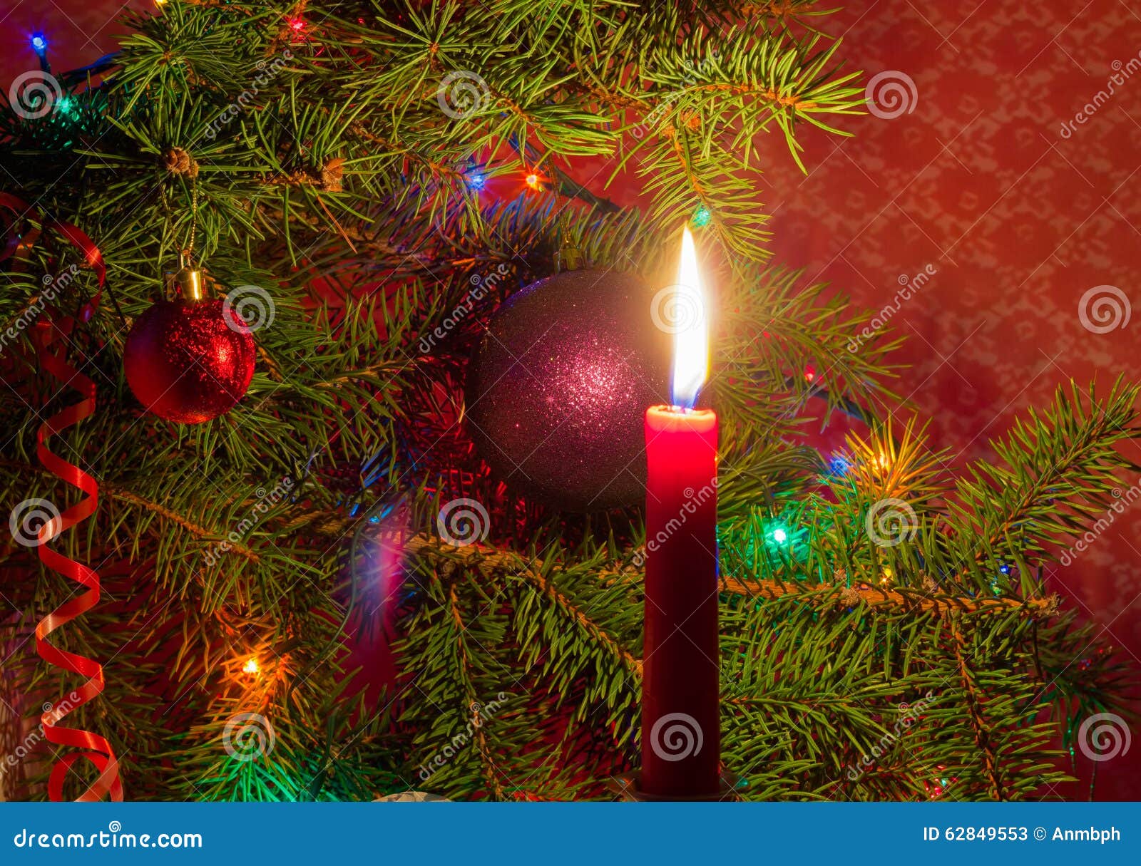 Red Candle on a Background of Christmas Tree Stock Image Image of background, spruce 62849553