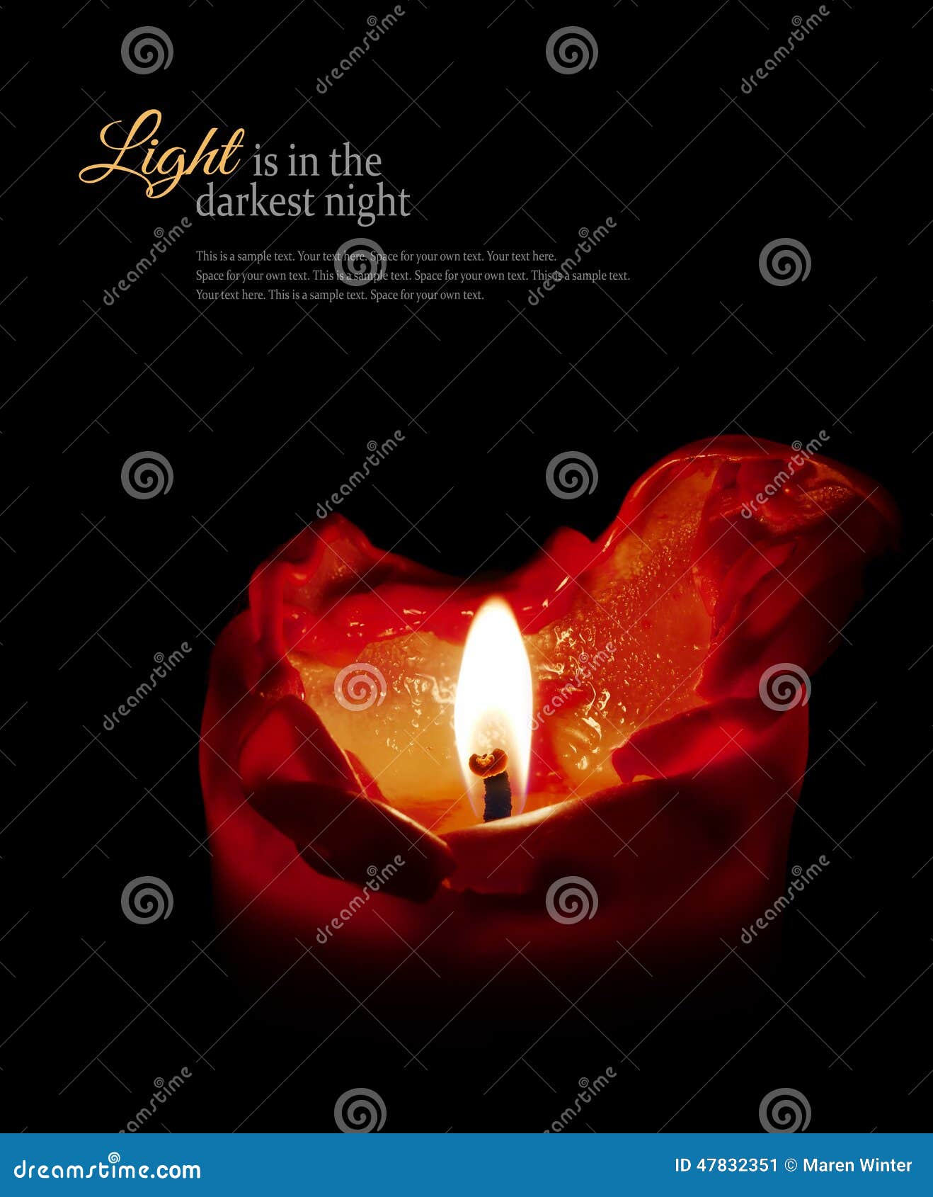 Red Candle With Flame And Melting Wax, Black Background, Sample Stock