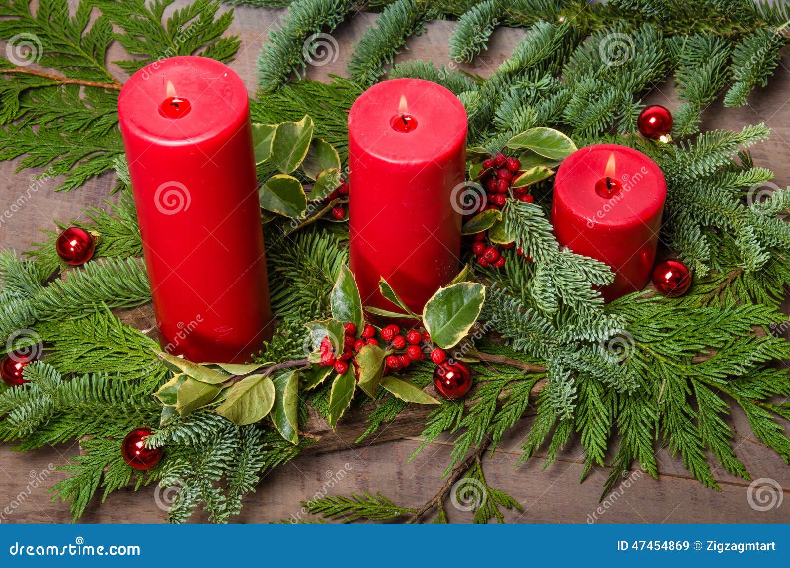 Red Candles in Christmas Evergreen Arrangement Stock Image Image of