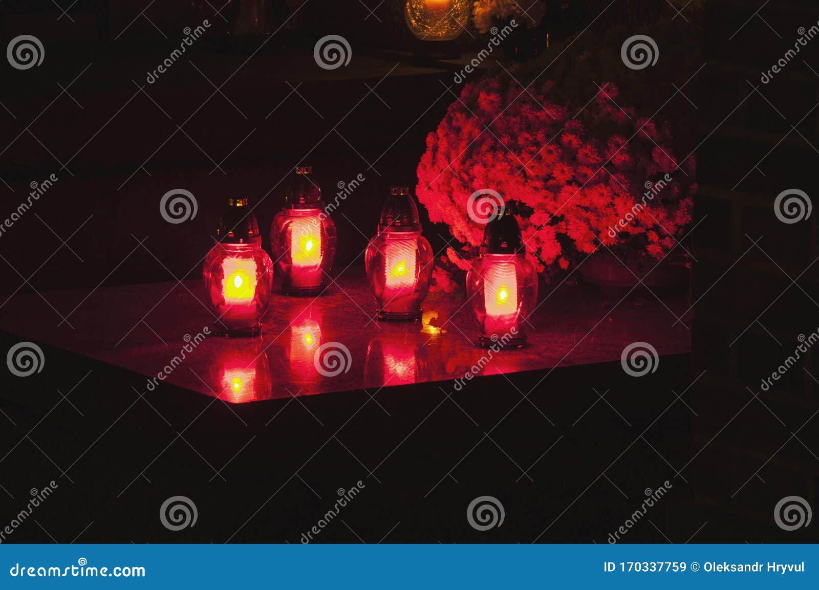 Red Candles and Flowers on Grave at Night Cemetery Stock Image Image