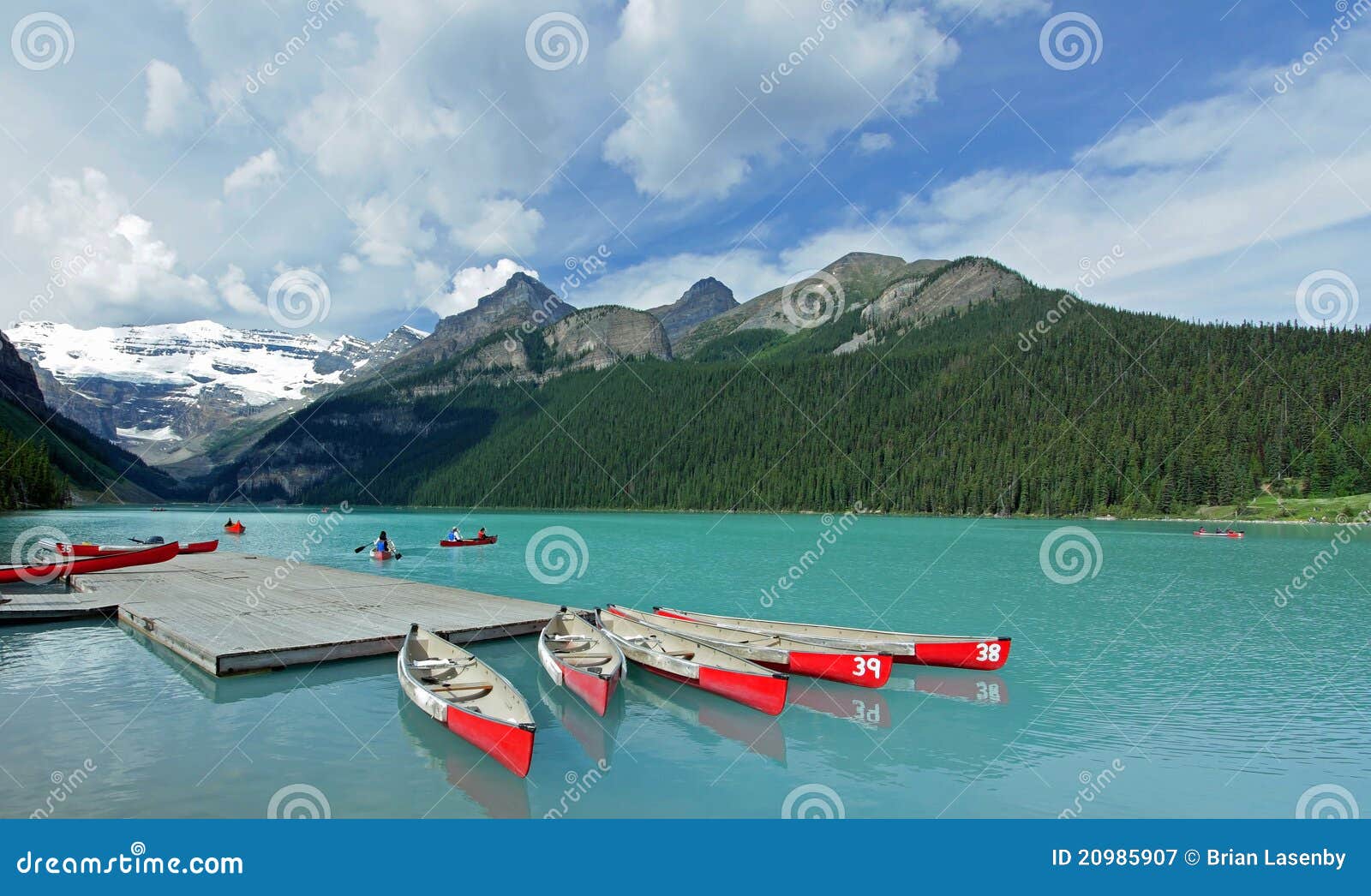 Red Canoes on Lake Louise, Canada Stock Image Image of summer