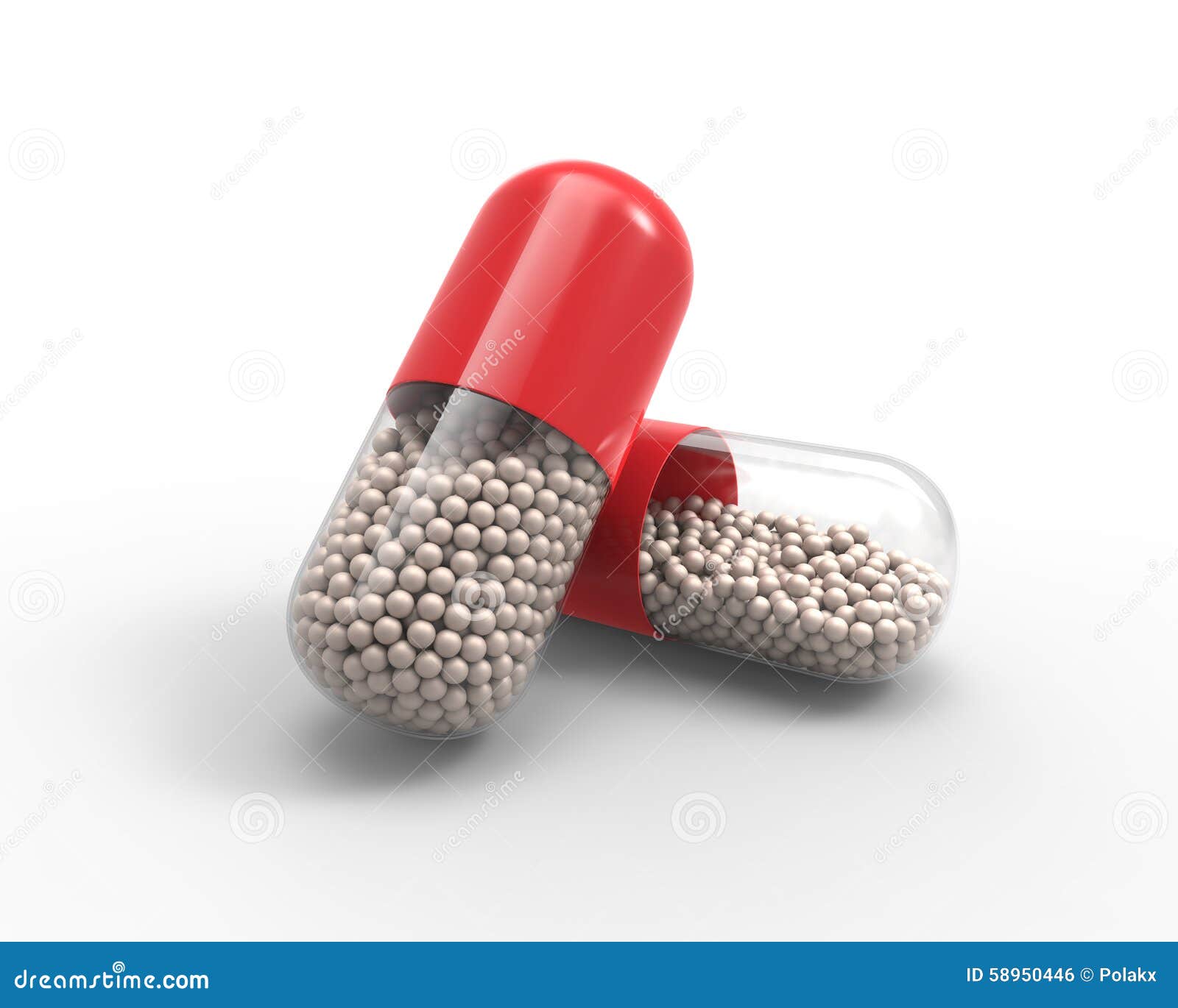 Red Capsule with the Granules of Drugs Inside. 3D Illustration. Stock