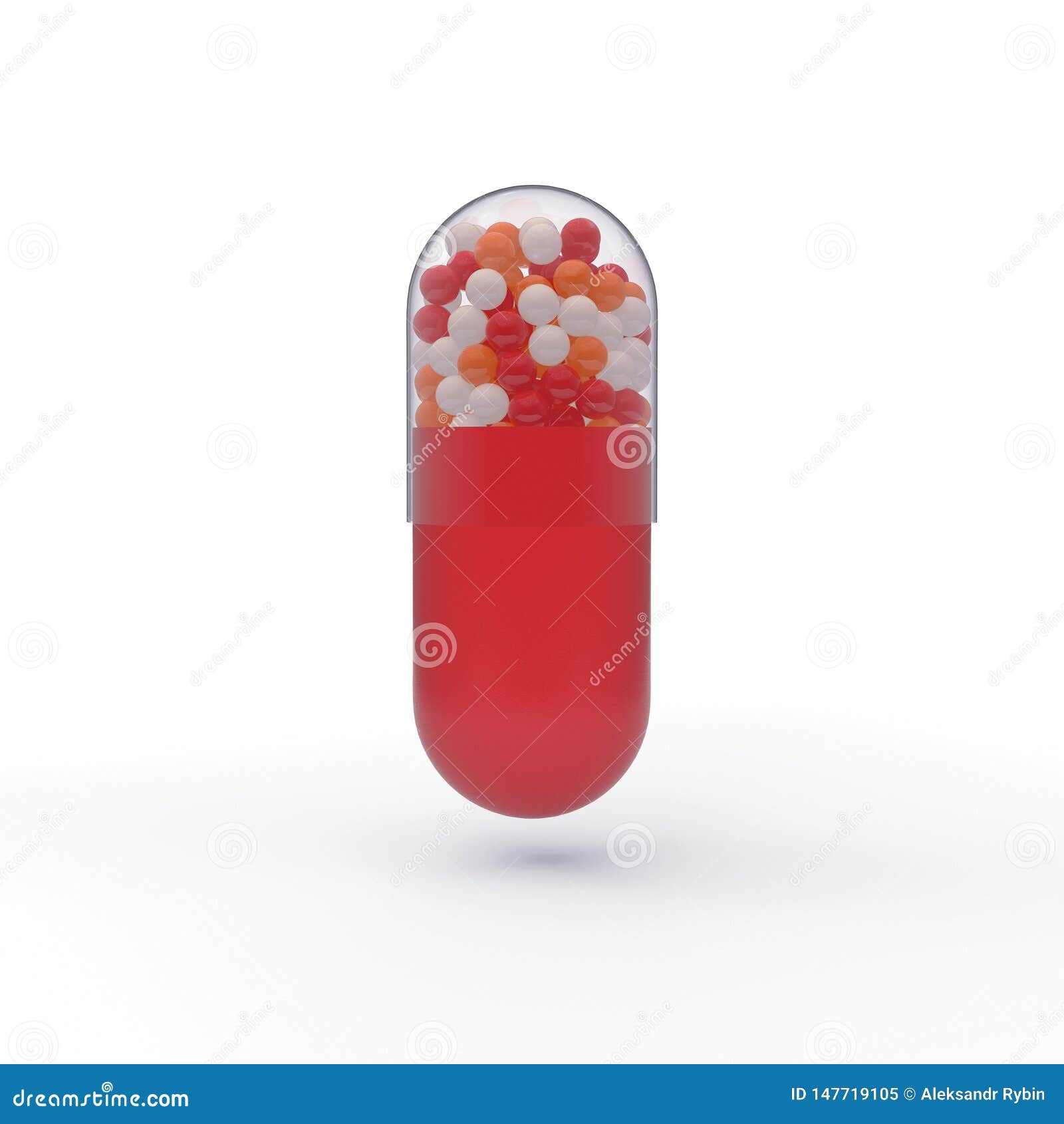 Red Capsule Tablet with Red, Orange and White Fractions Inside. 3D