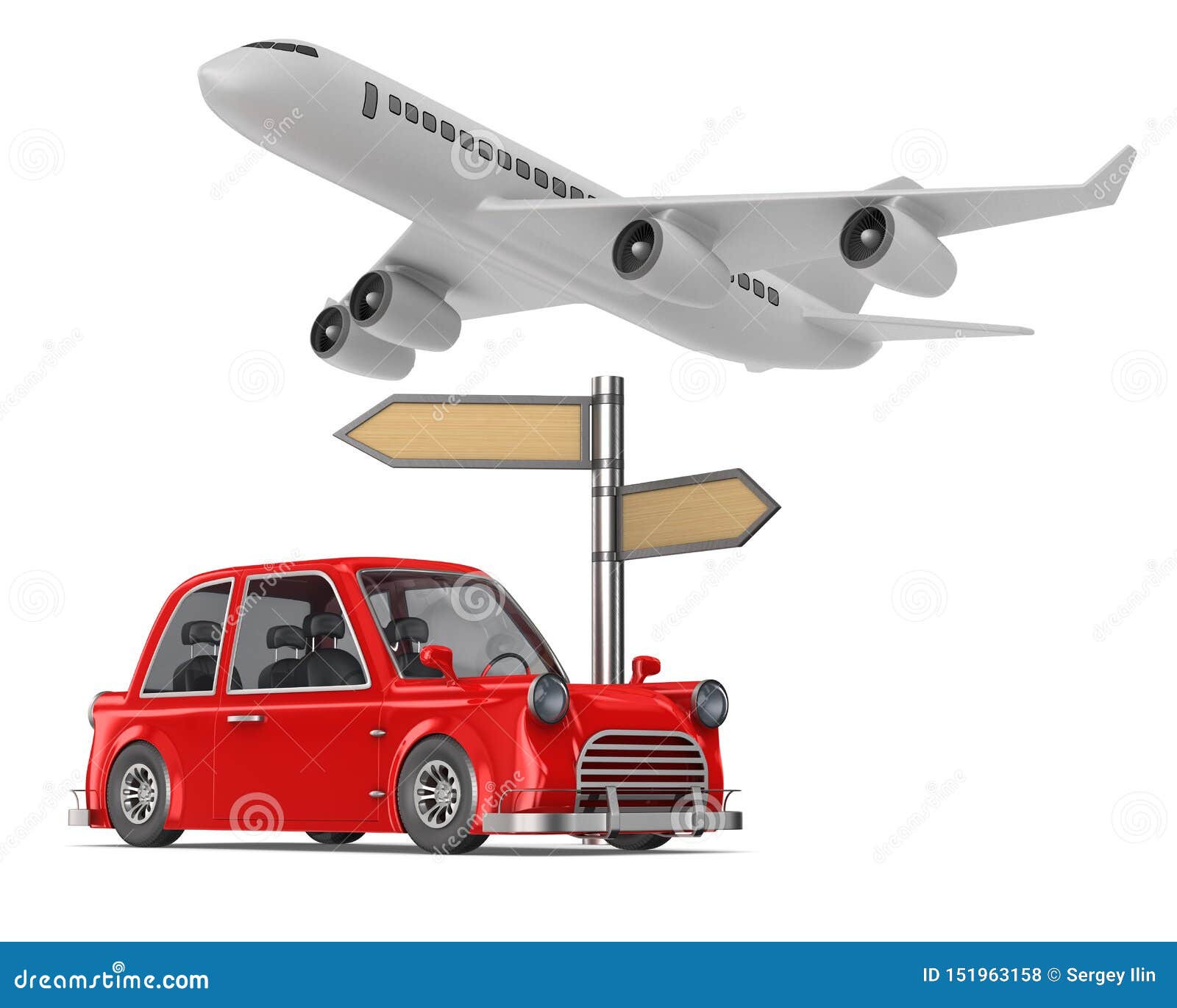 Red Car and Airplane on White Background. Isolated 3D Illustration