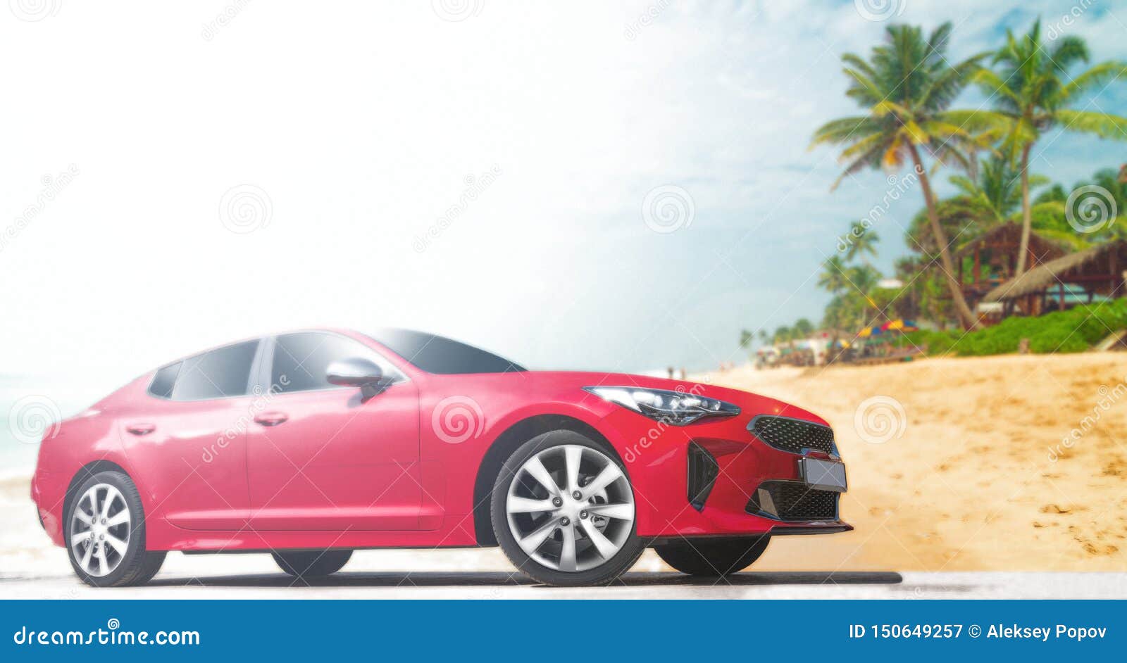 Red Car on the Beach and Palm Trees Background. Editorial Photography
