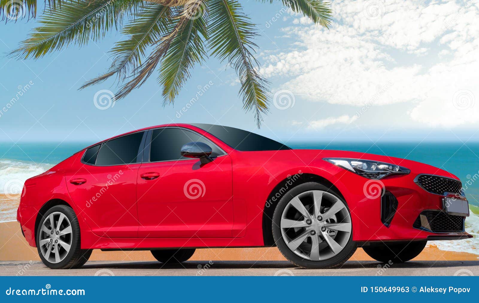 Red Car on of a Palm Trees Background. Stock Image - Image of