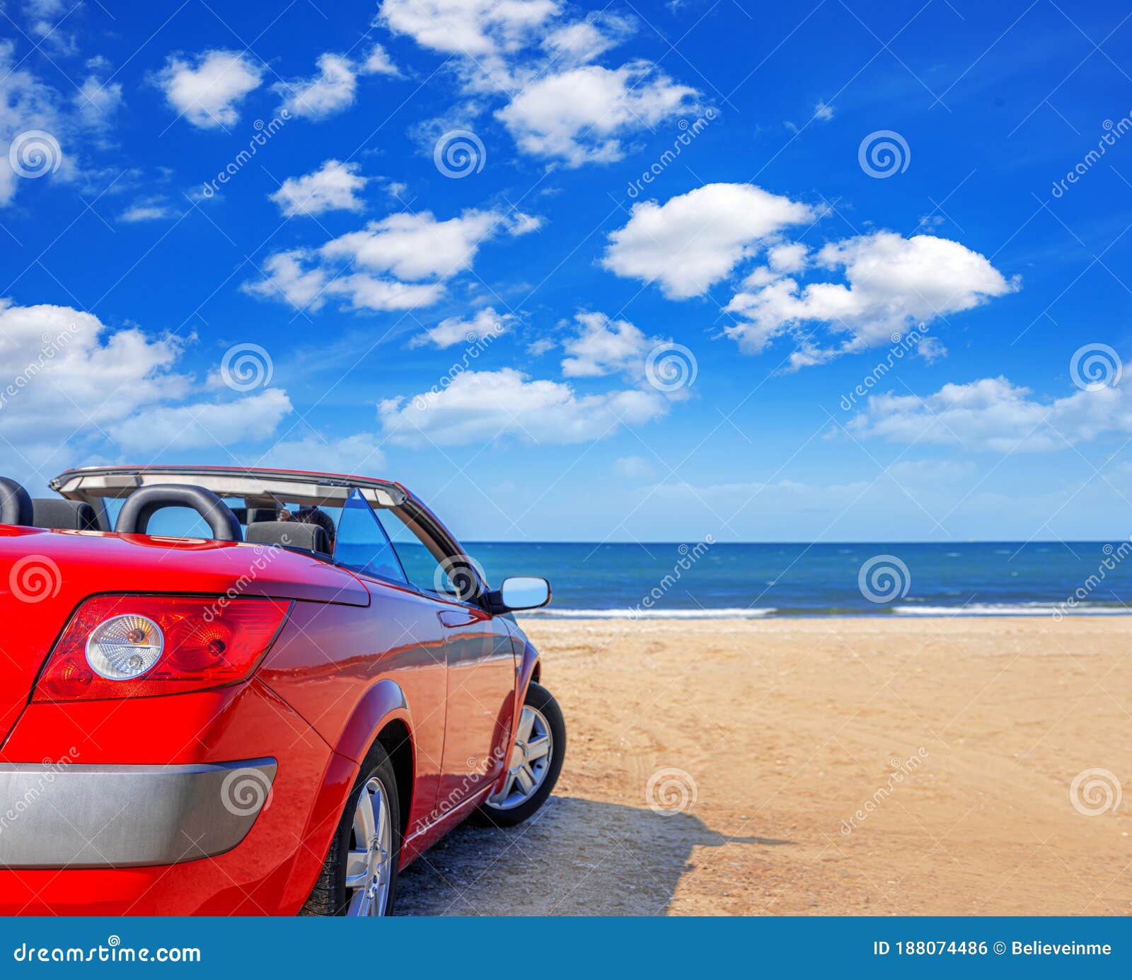 Red car on the beach. stock photo. Image of drive, american 188074486