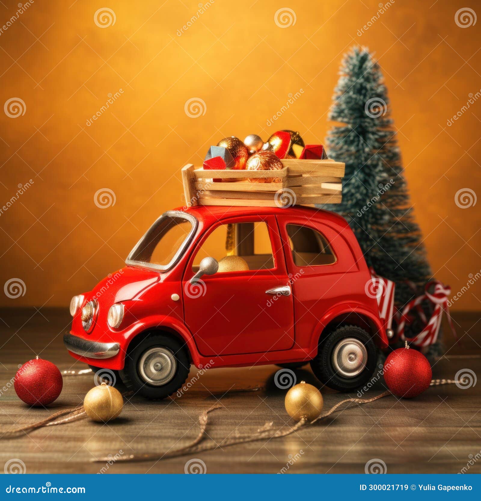Red Car with Christmas Ornaments and Tree Stock Image Image of