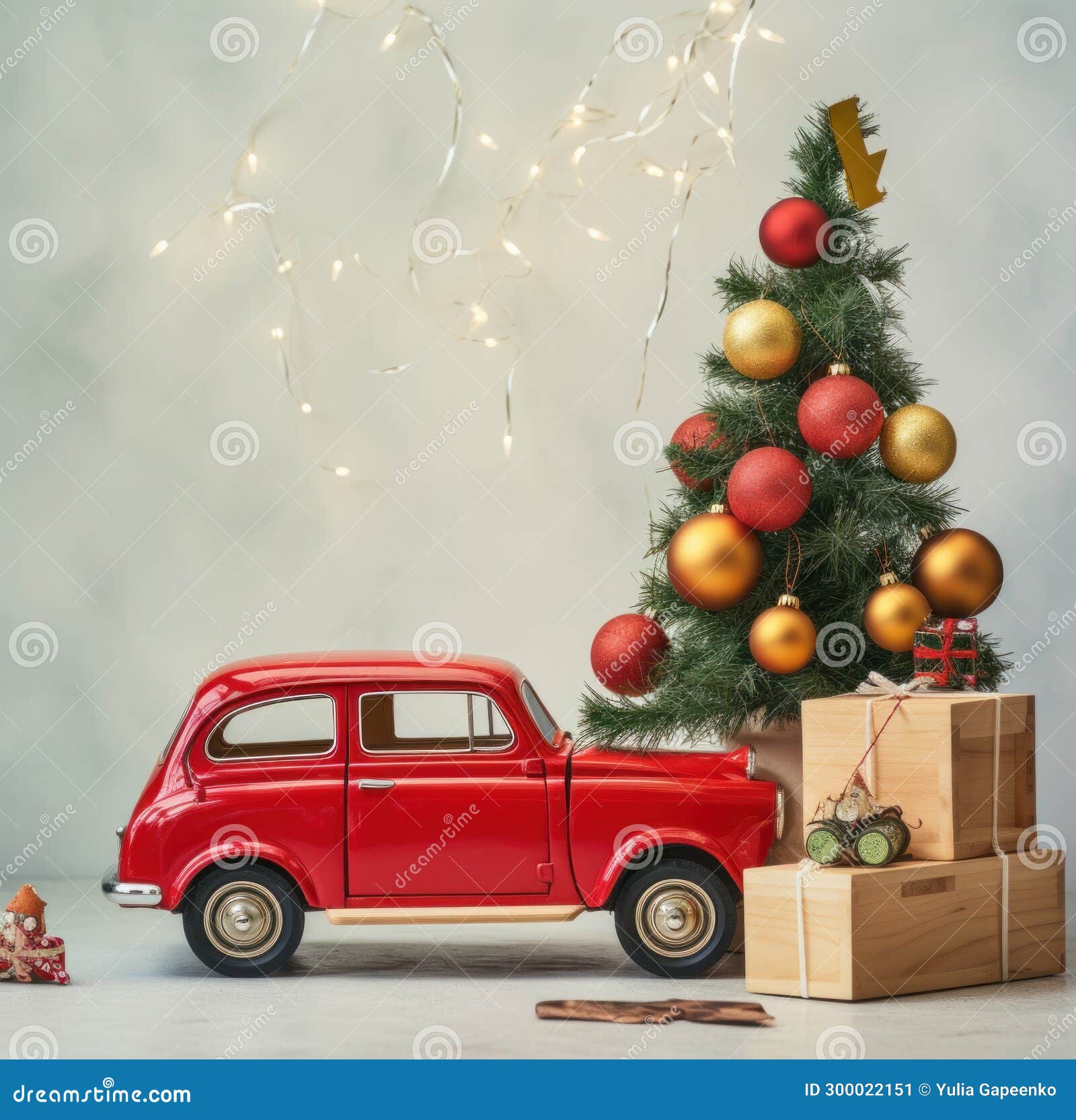 Red Car with Christmas Ornaments and Tree Stock Image Image of