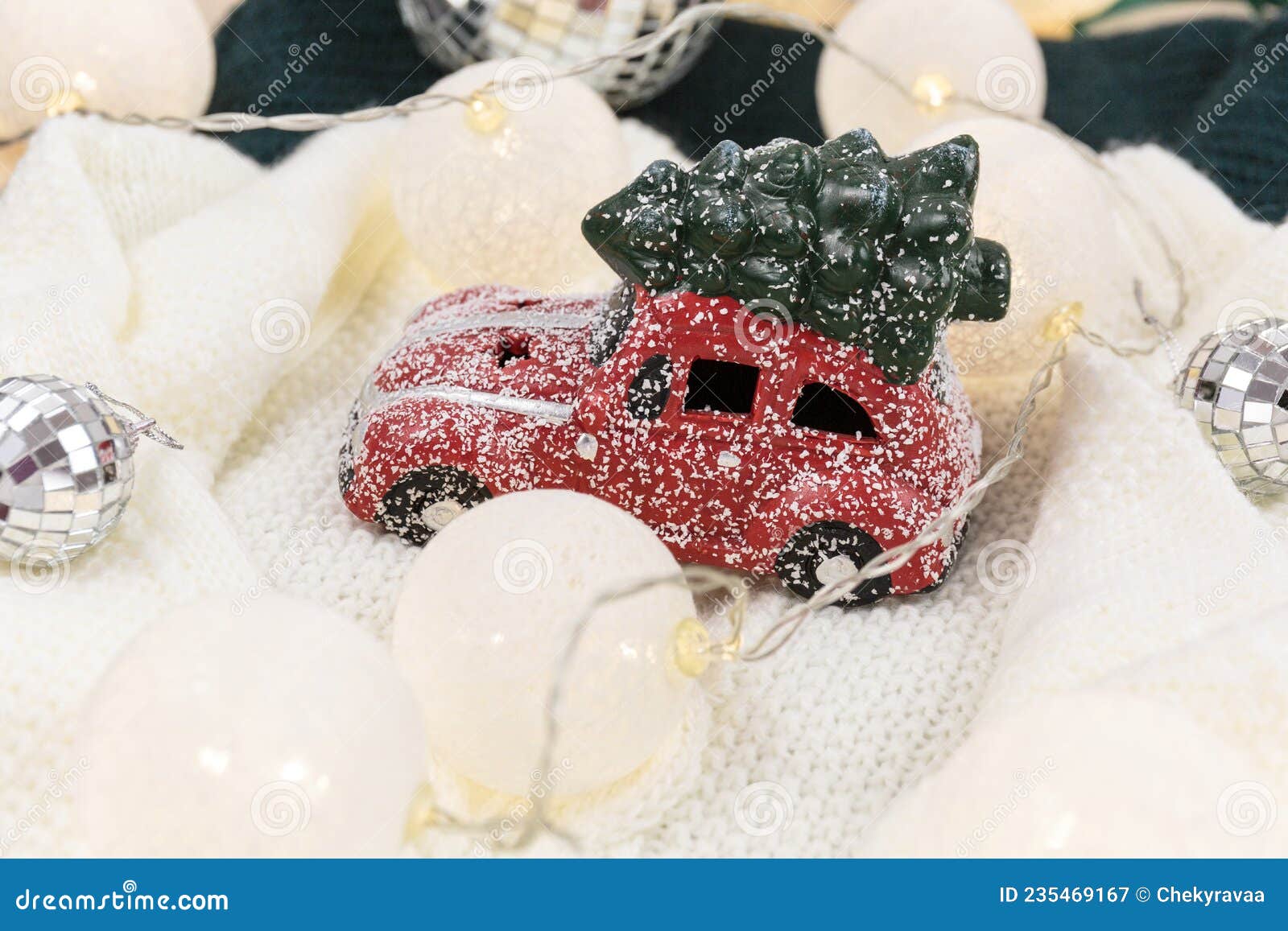 Red Car with Christmas Tree on White Sweater, Led Lights. Christmas