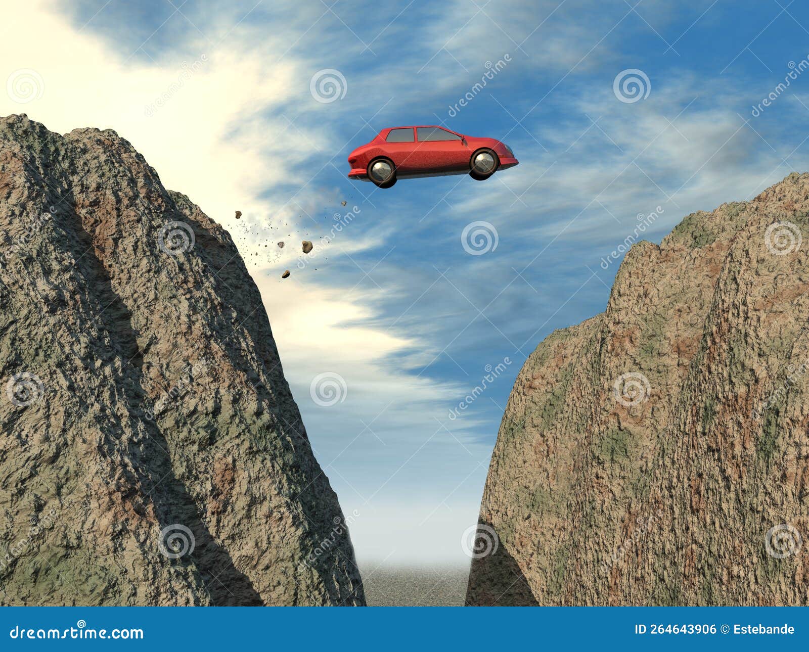 Red Car Jumping Over a Cliff between Stone Elevations Stock