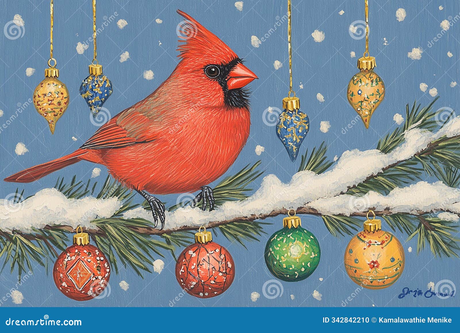 red cardinal perched on a snowy branch