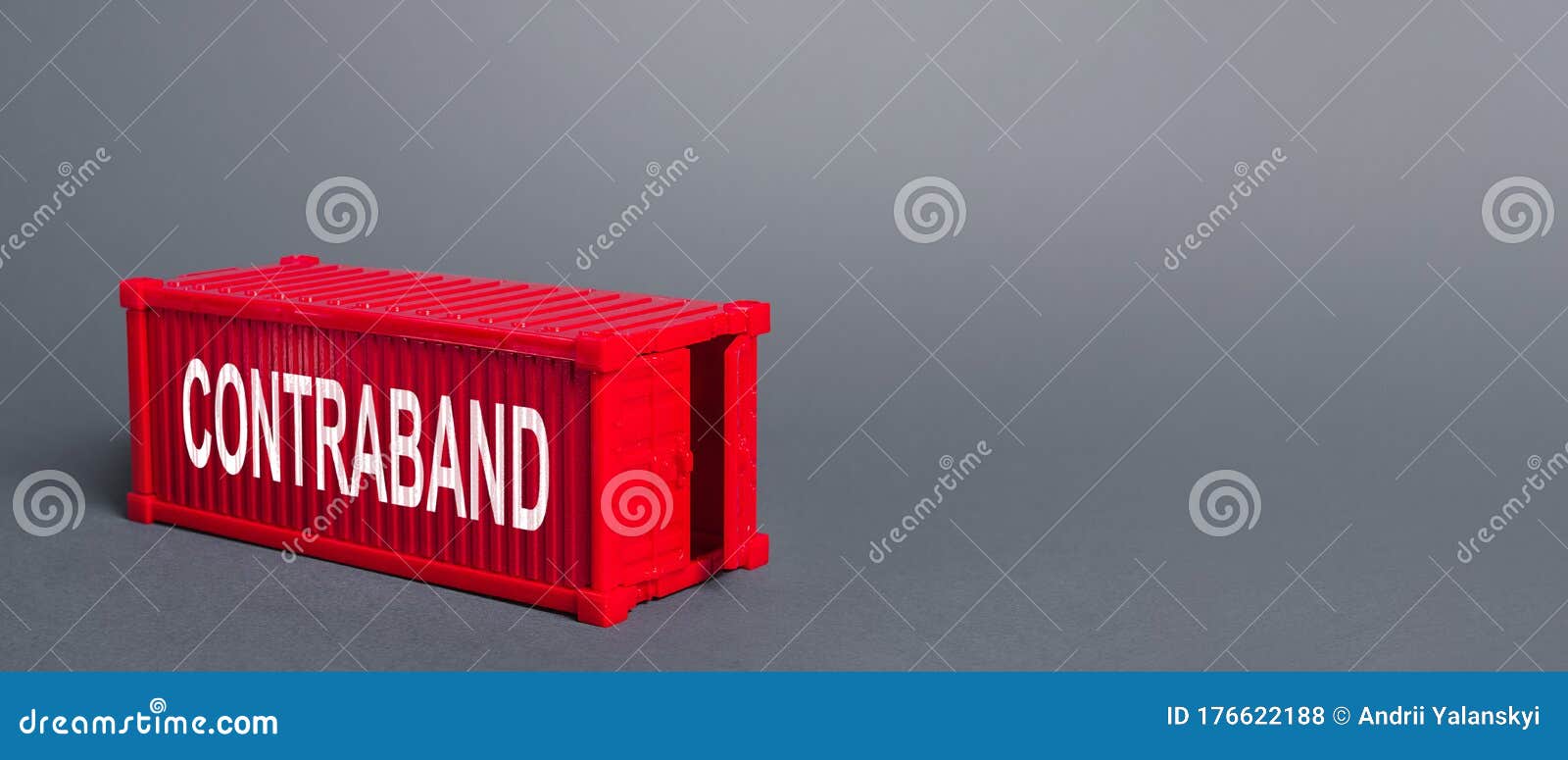 red cargo shipping container with the word contraband. traffic of prohibited goods and products, bypassing customs, smuggling.
