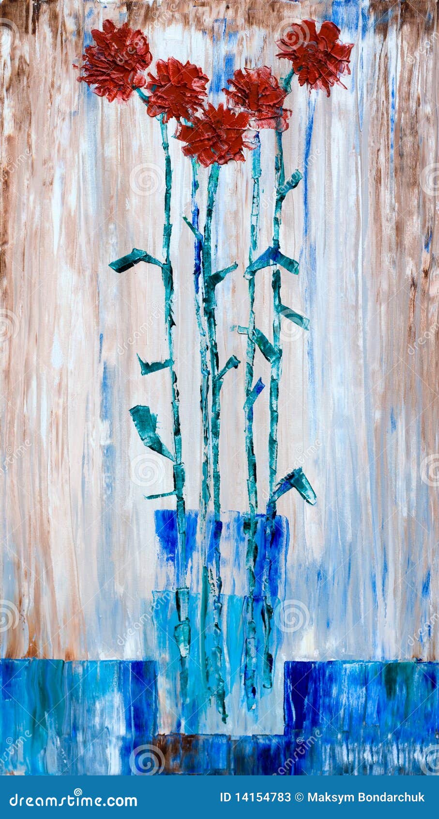 Red Carnation Flowers in a Vase Oil Painted Stock Illustration