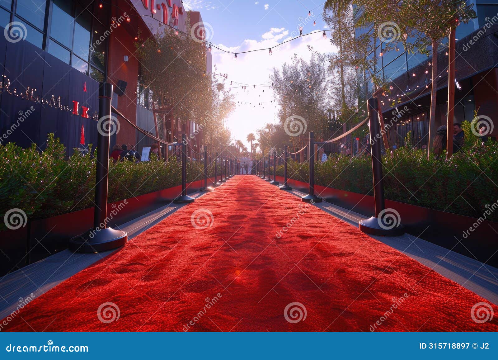 the red carpet stretches towards a setting sun, flanked by lights and greenery, ready for an evening of glitz at a high