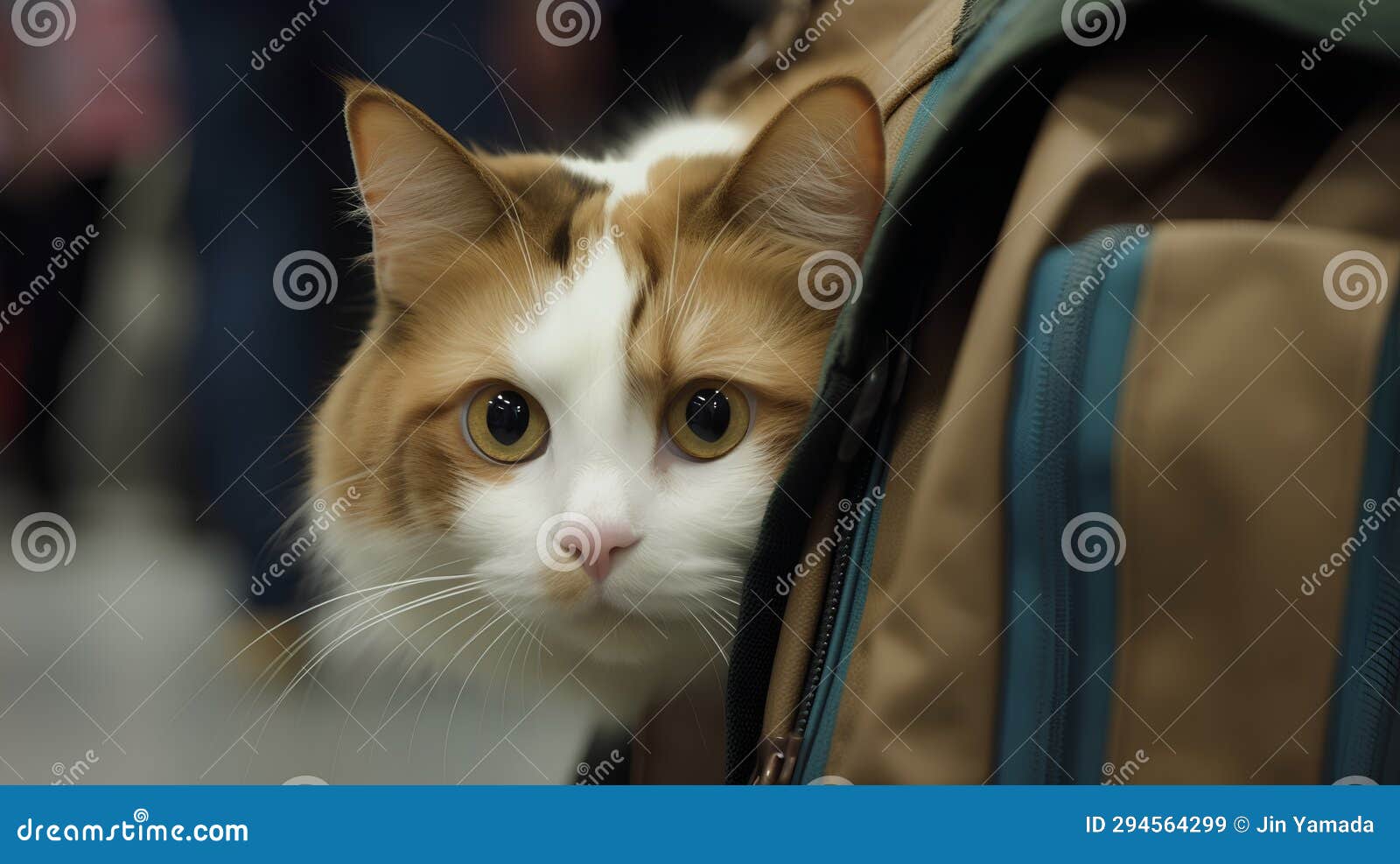 Red Cat in a Backpack on the Background of People Walking in the