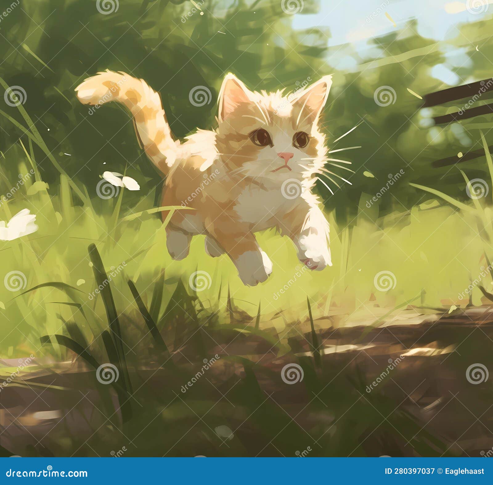 A Red Cat Runs through a Forest Field, a Small Hunter, a Summer Day