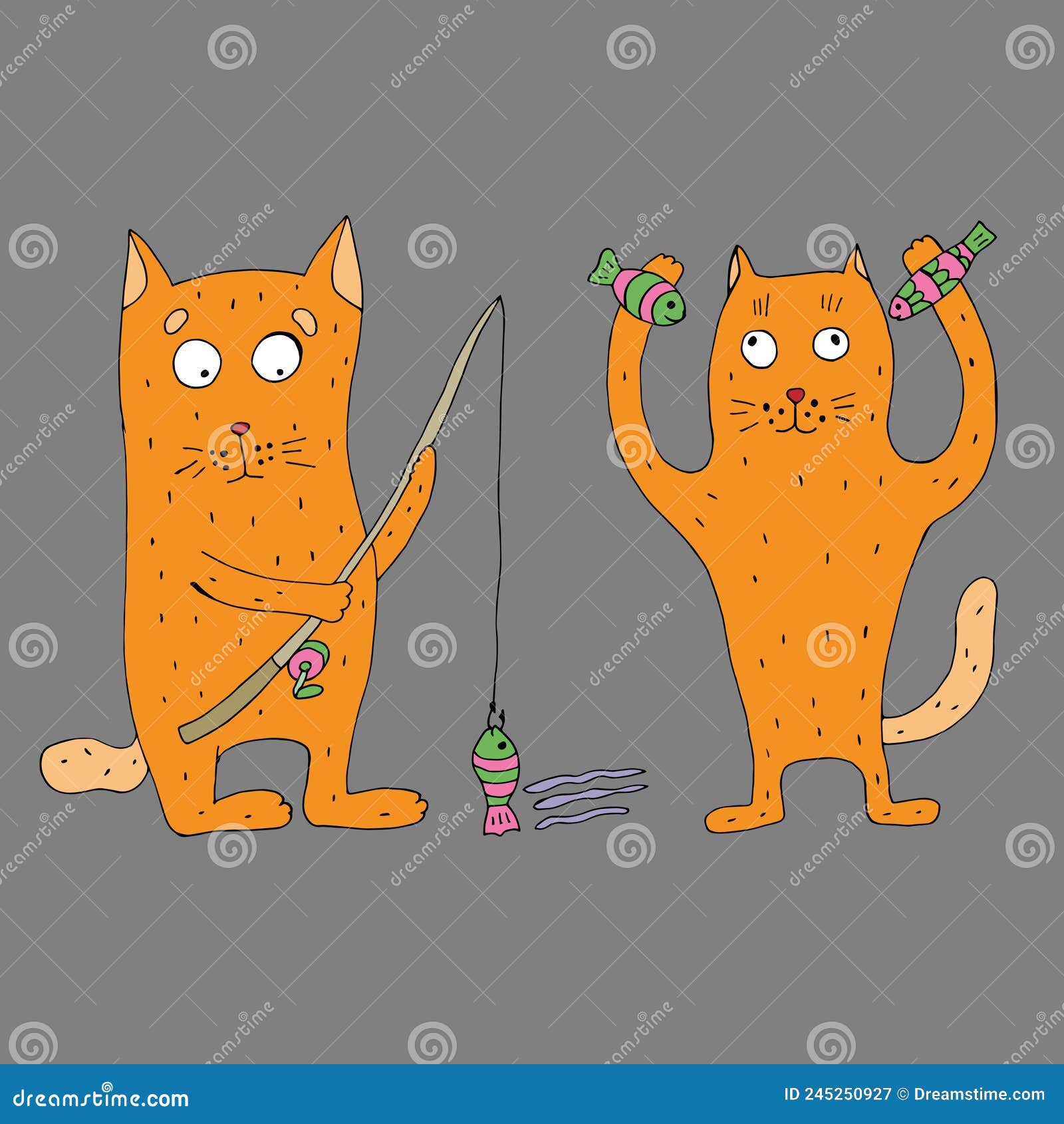 Red Cats Fishing. Funny Cat with a Fishing Rod in His Hands Catches Fish.  Vector Illustration. Comics Stock Vector - Illustration of child, baby:  245250927