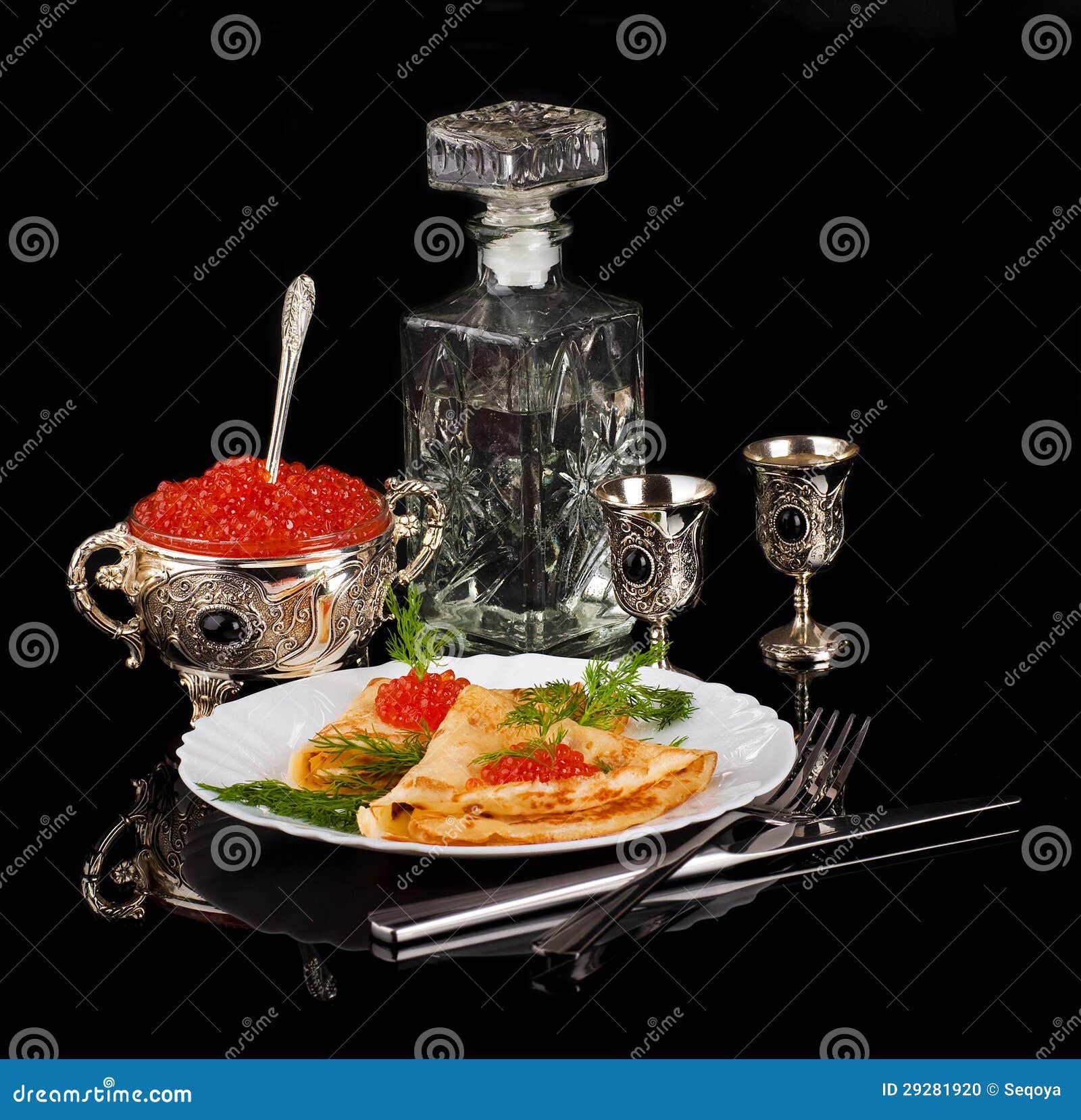 Red Caviar Ang Vodka on Black Stock Photo Image of dill, national