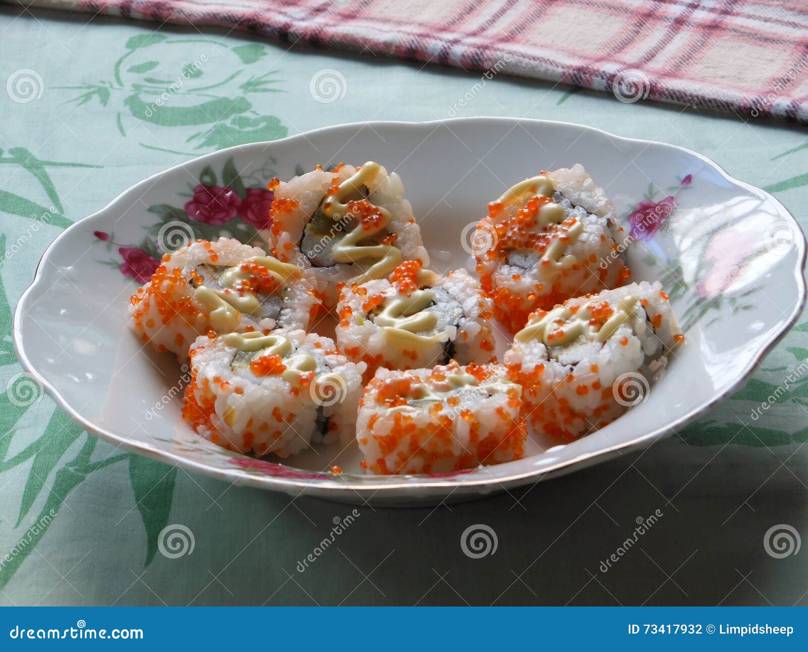 Red caviar roe sushi rolls stock photo. Image of medium 73417932