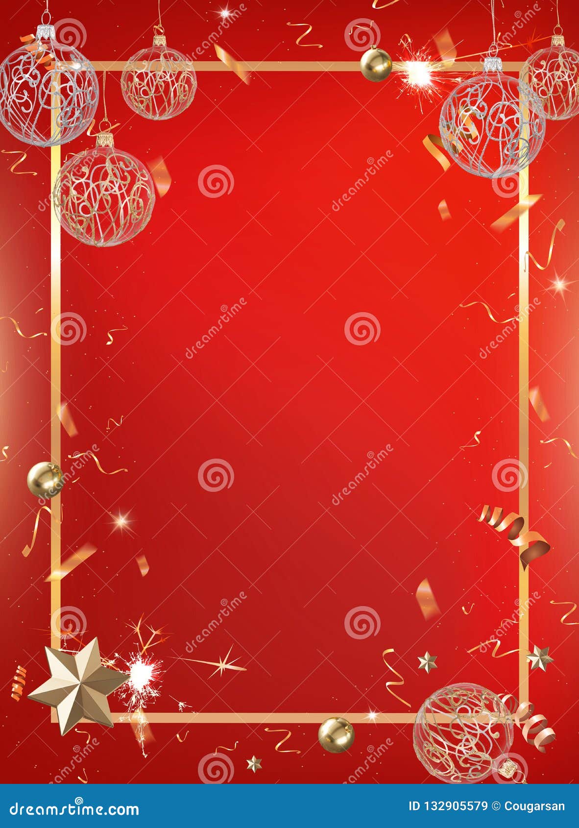 Red Celebration Party Background with Golden Confetti and Border Stock
