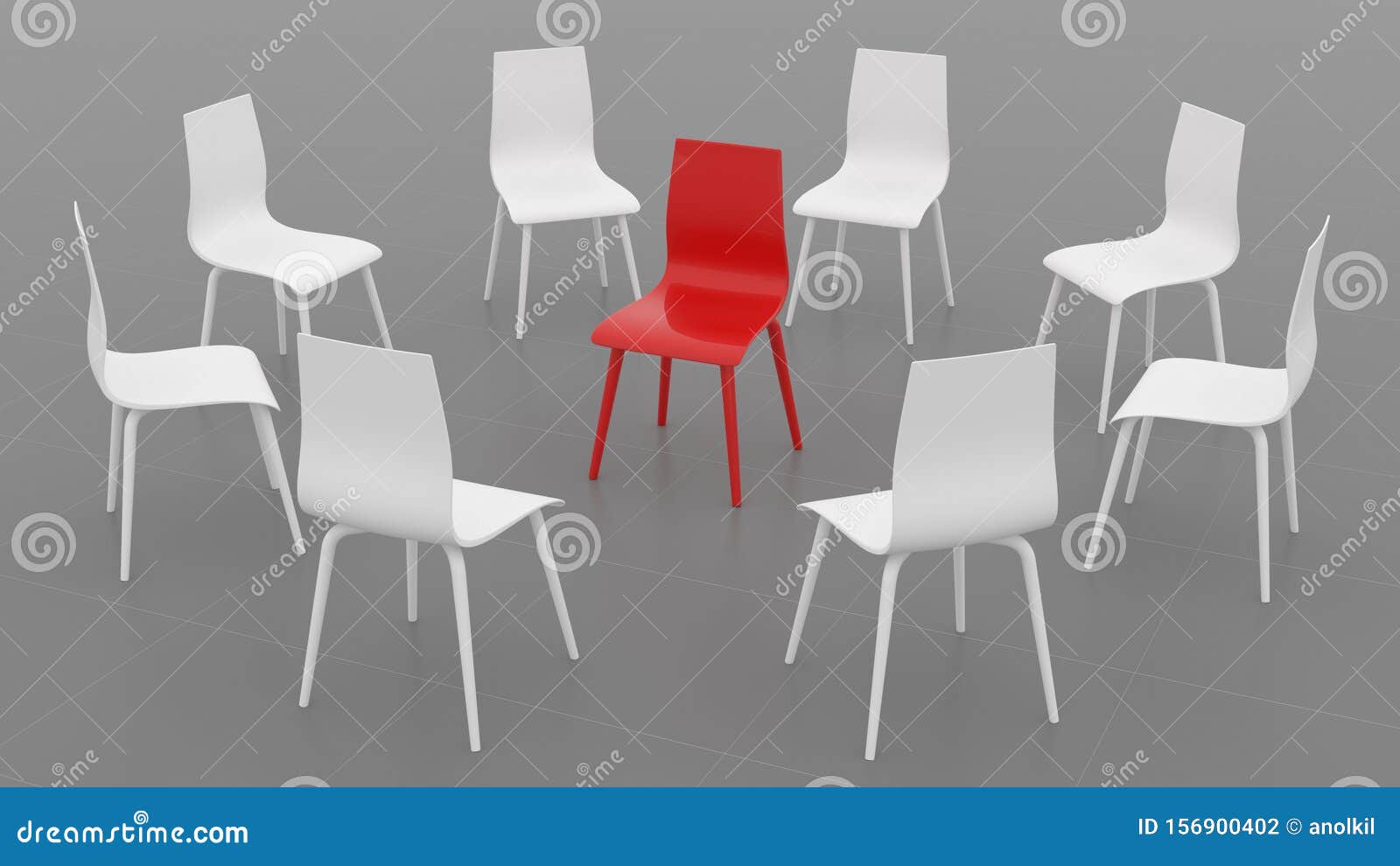 Red Chair In A Circle Of White Chairs On A Gray Background. 3d ...