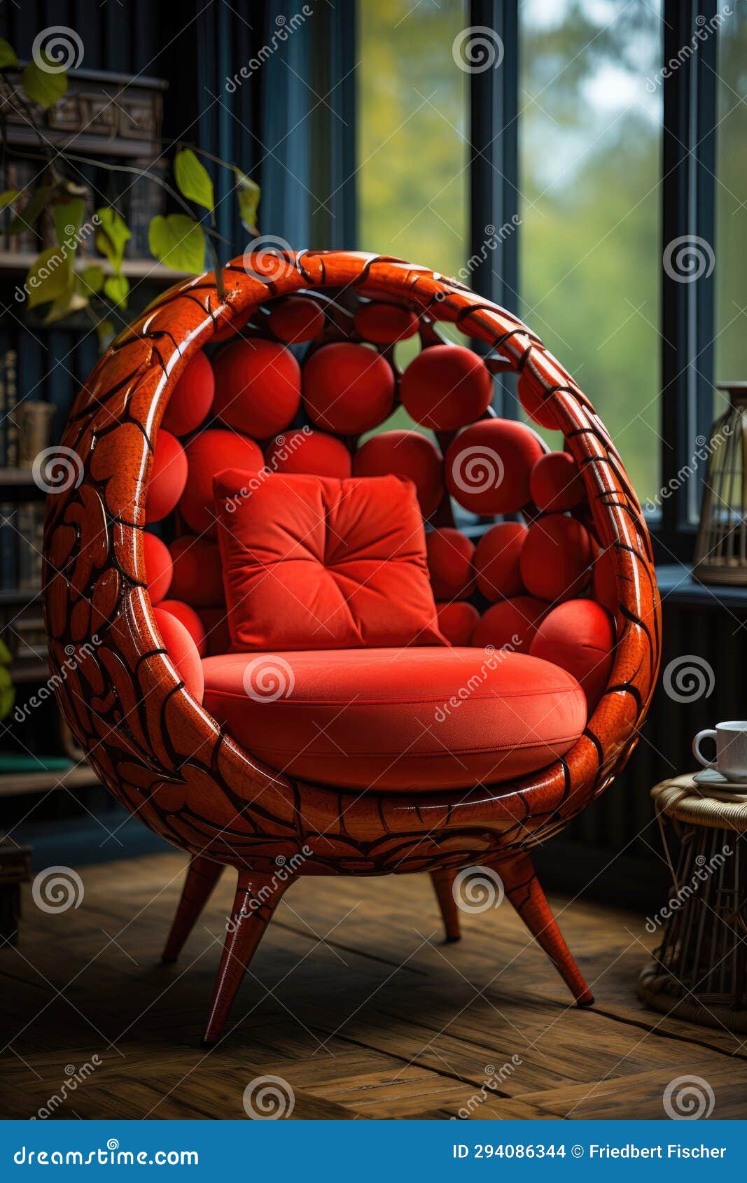 A Red Chair Sitting in Front of a Window Apple Chair Stock Photo