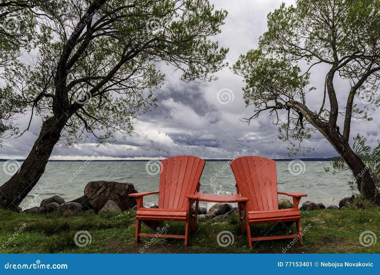 Red Chairs stock image. Image of lake, mountain, summer 77153401