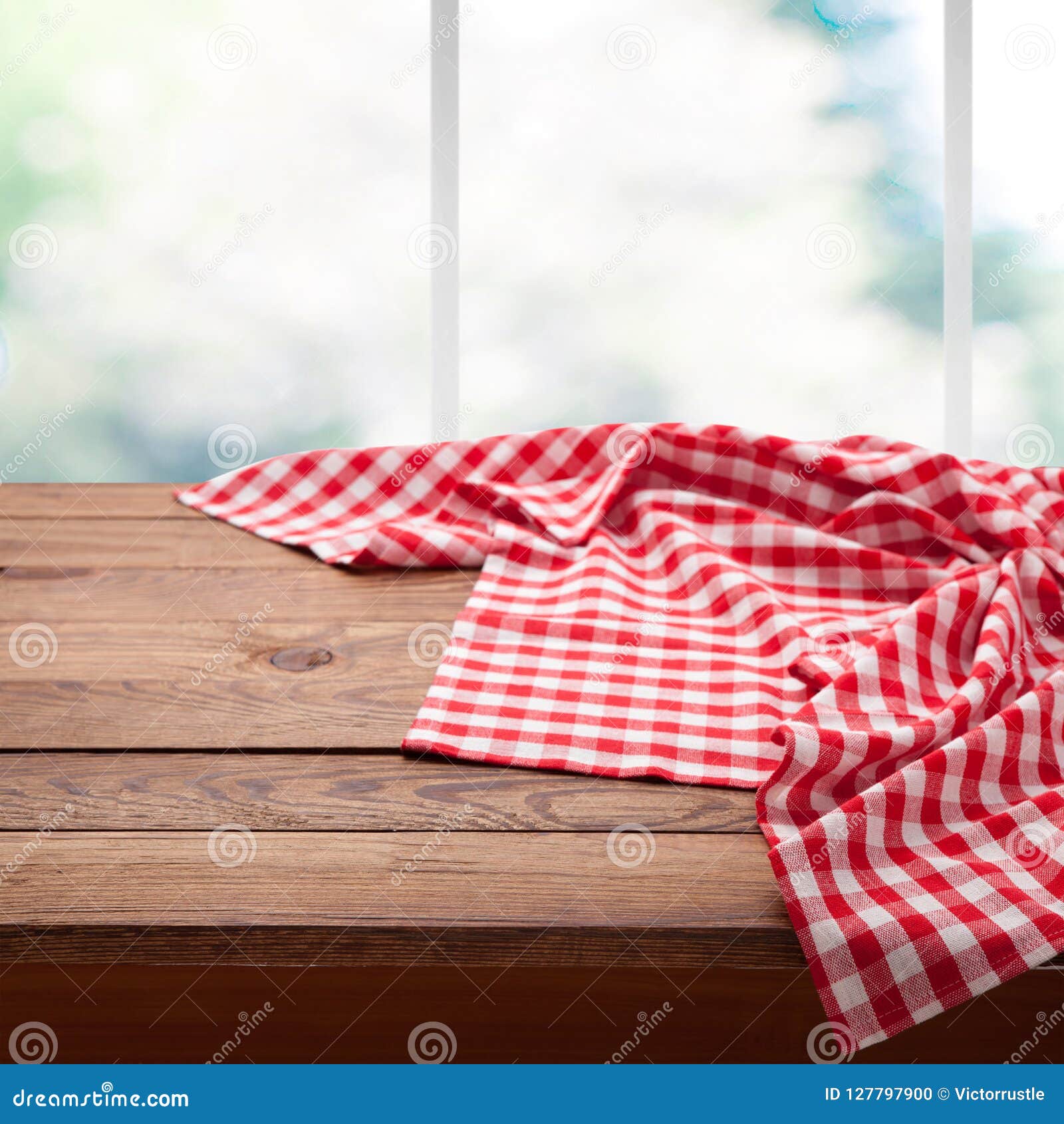 Red Checkered Tablecloth On Wooden Table On Empty Wooden Table Near The Window In Kitchen Napkin Close Up Top View Mock Stock Photo Image Of Cloth Cotton 127797900