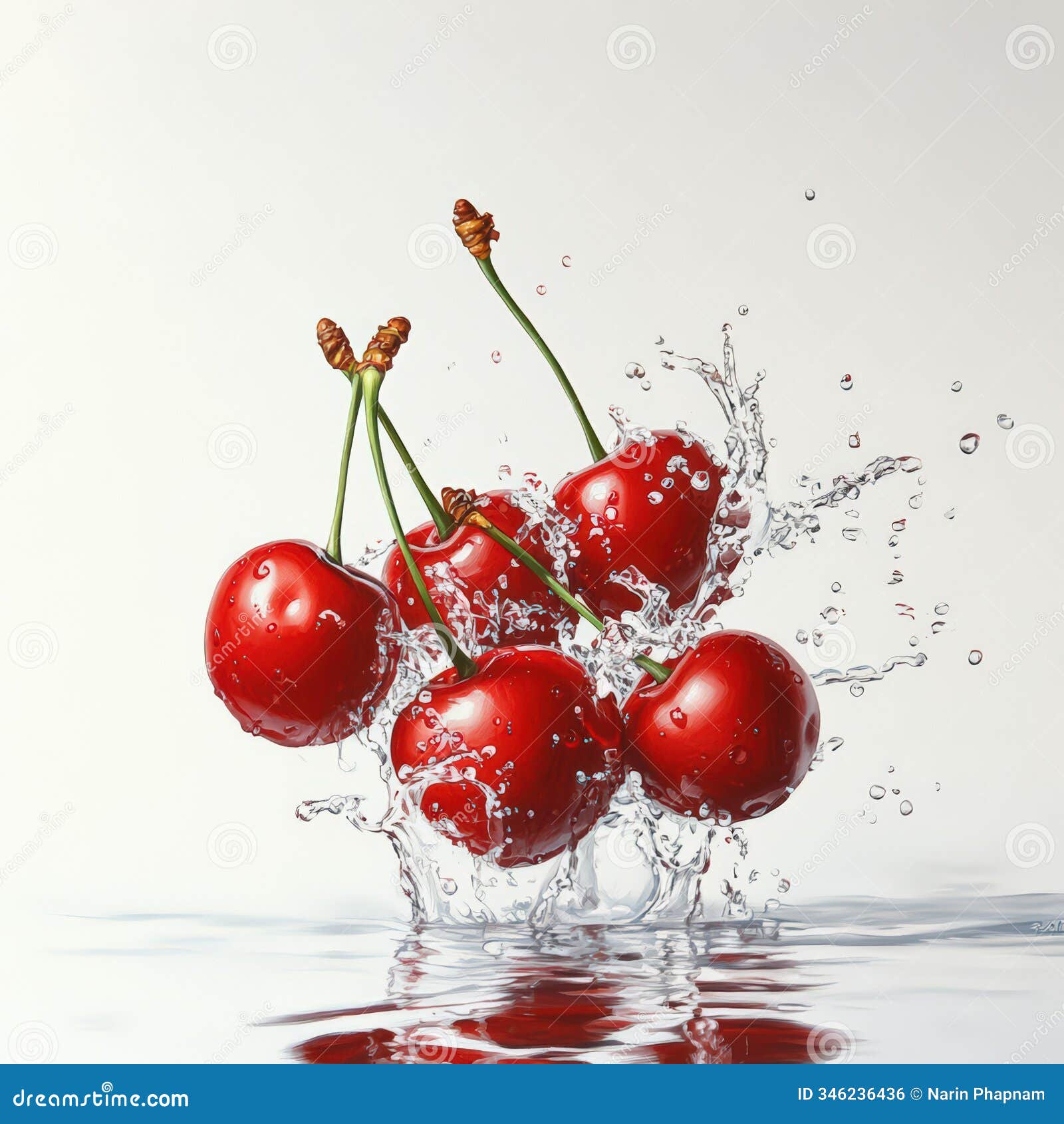 red cherries with stems creating a dynamic water splash